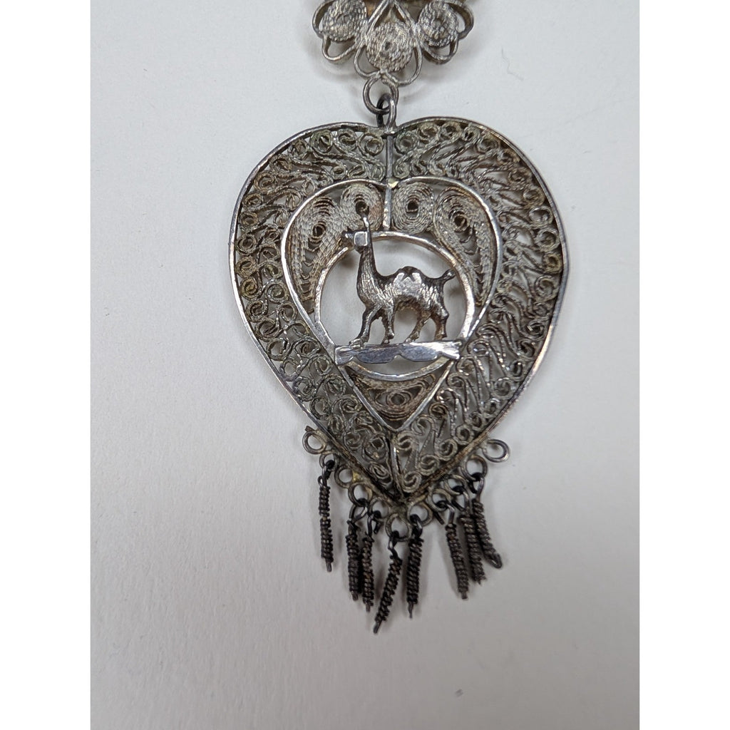 Vintage Filigree Sterling Silver 925 Heart Necklace w/ Camel 18 1/2" Tribal Peru