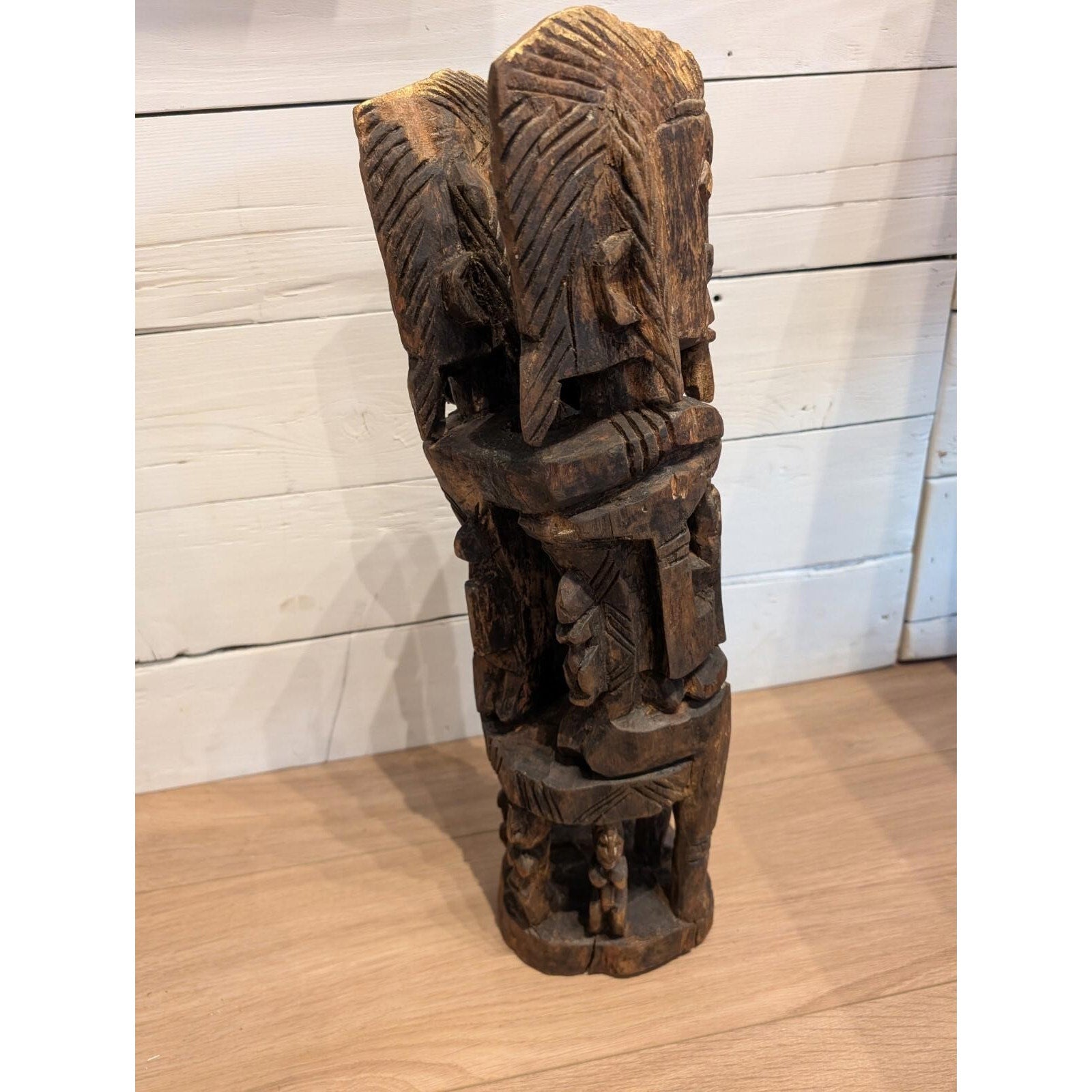 African DOGON Marriage Statue Wood Carved Couple and Children Figure 21"