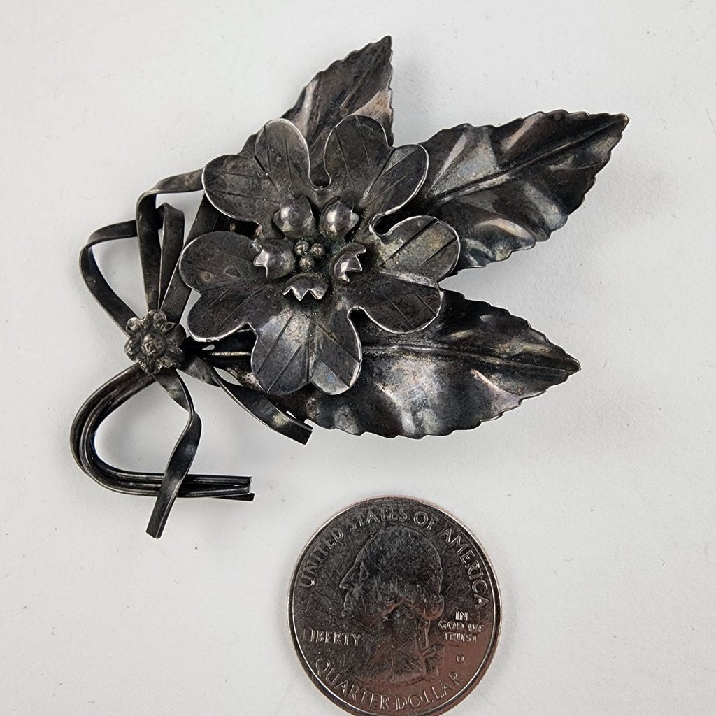 Leaf Ribbon Brooch Sterling Silver 925 Angello Bros Pin Antique