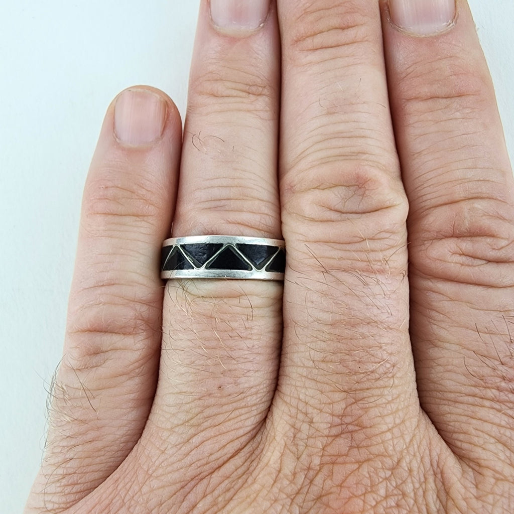 Black Onyx Inlay Band Ring Size 10 1/2 Sterling Silver 925 Vintage