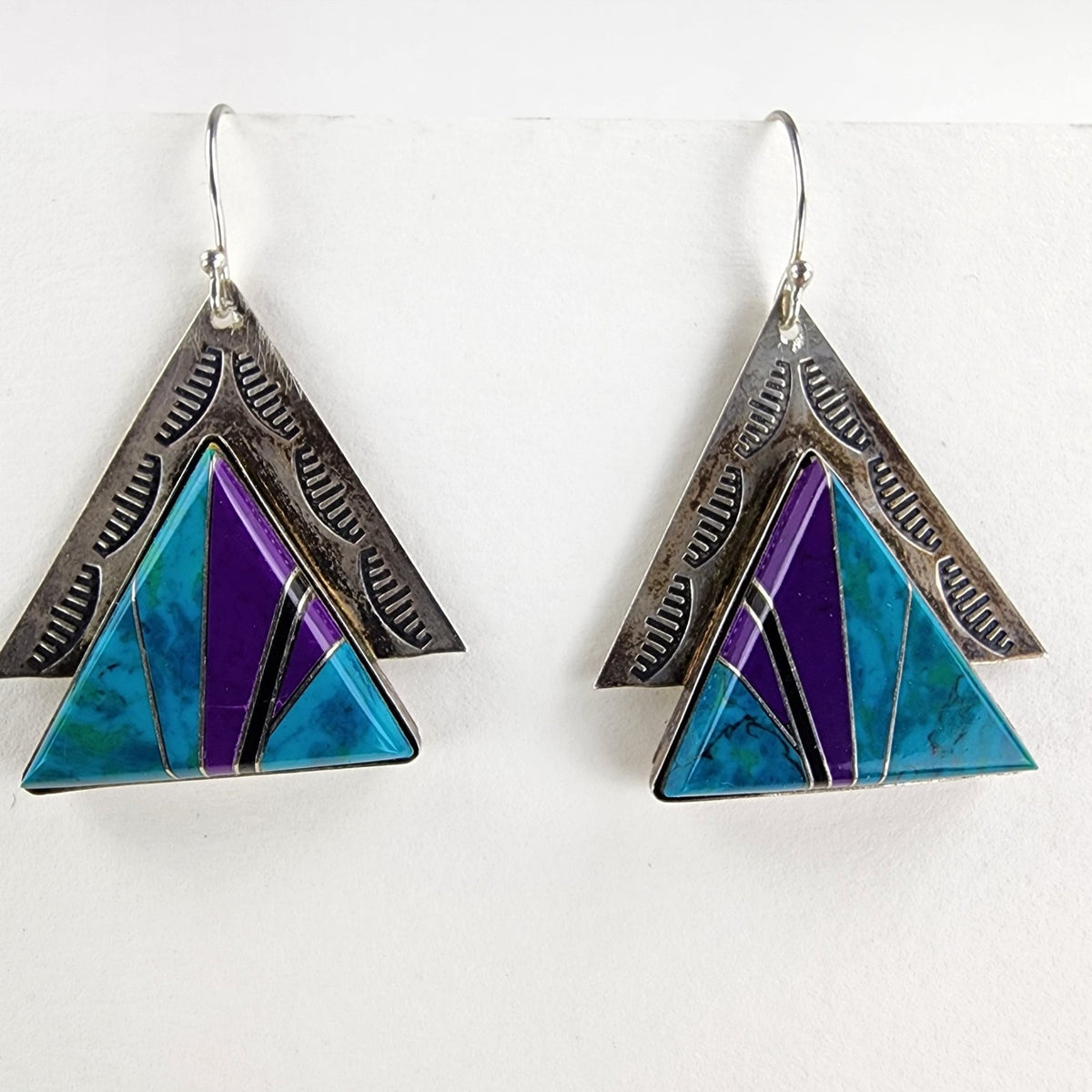 Sunwest Turquoise Inlay Stamped Earrings Sterling Silver 925 Vintage Dangle