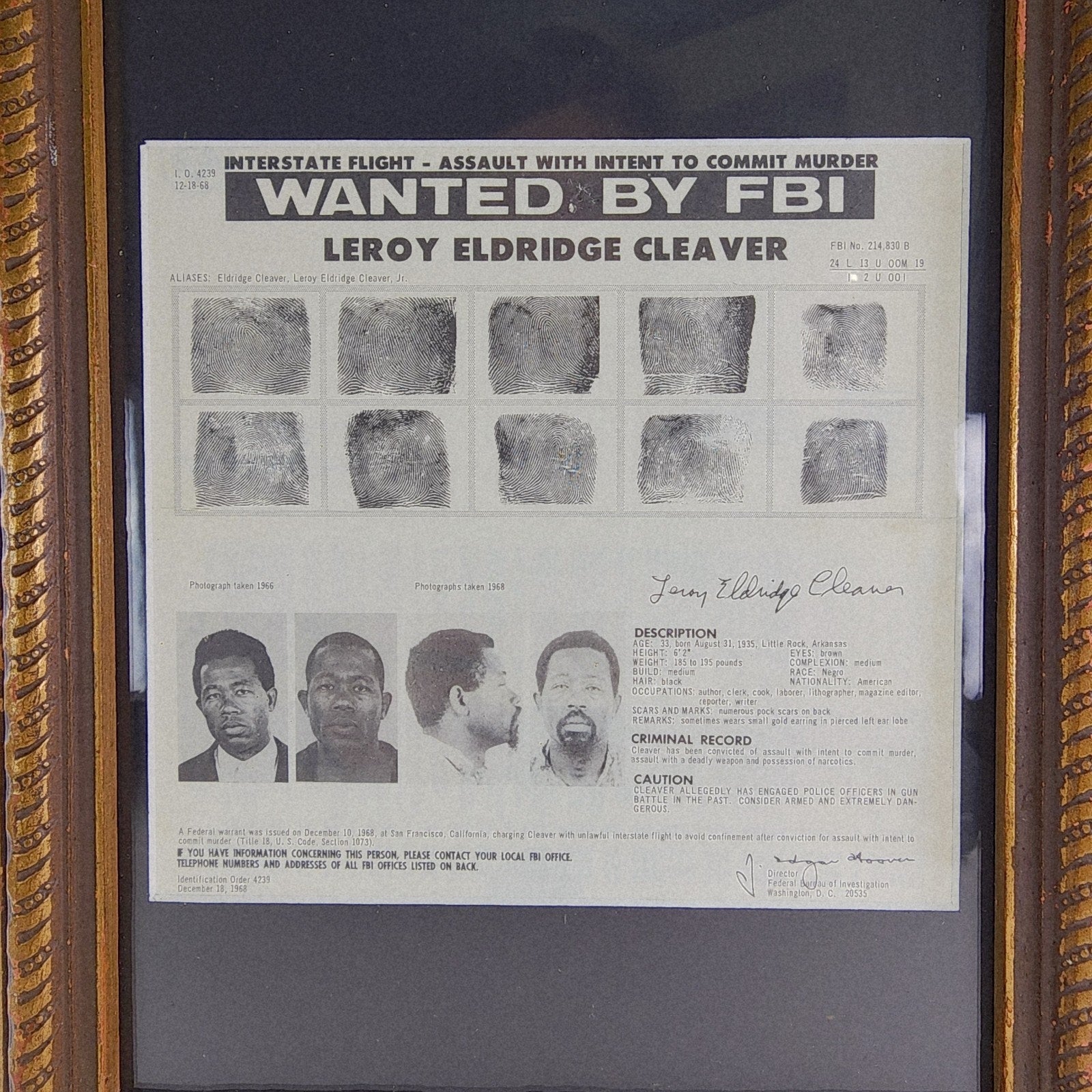 1968 FBI Wanted Poster Leroy Eldridge Cleaver Framed JE Hoover Black Panther