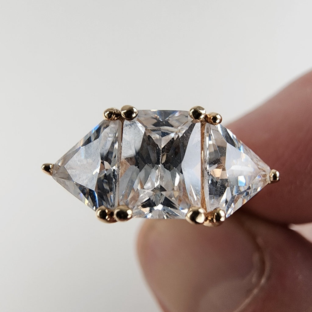 Gold Plated Triple CZ Stone Ring Size 6 Sterling Silver 925 Vintage