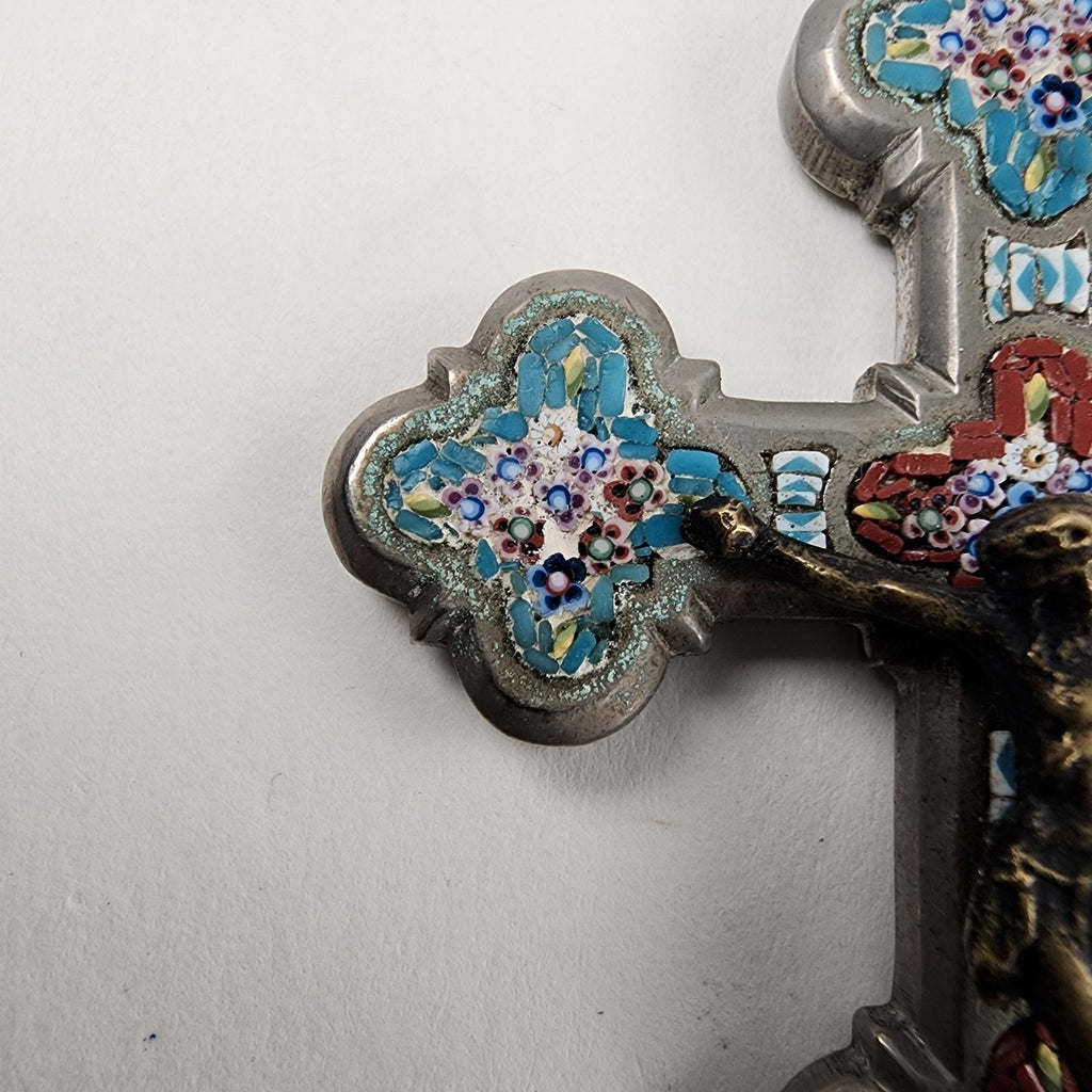 3 1/2" Antique Glass Micro Mosaic Inlay Cross Italy 19 Century