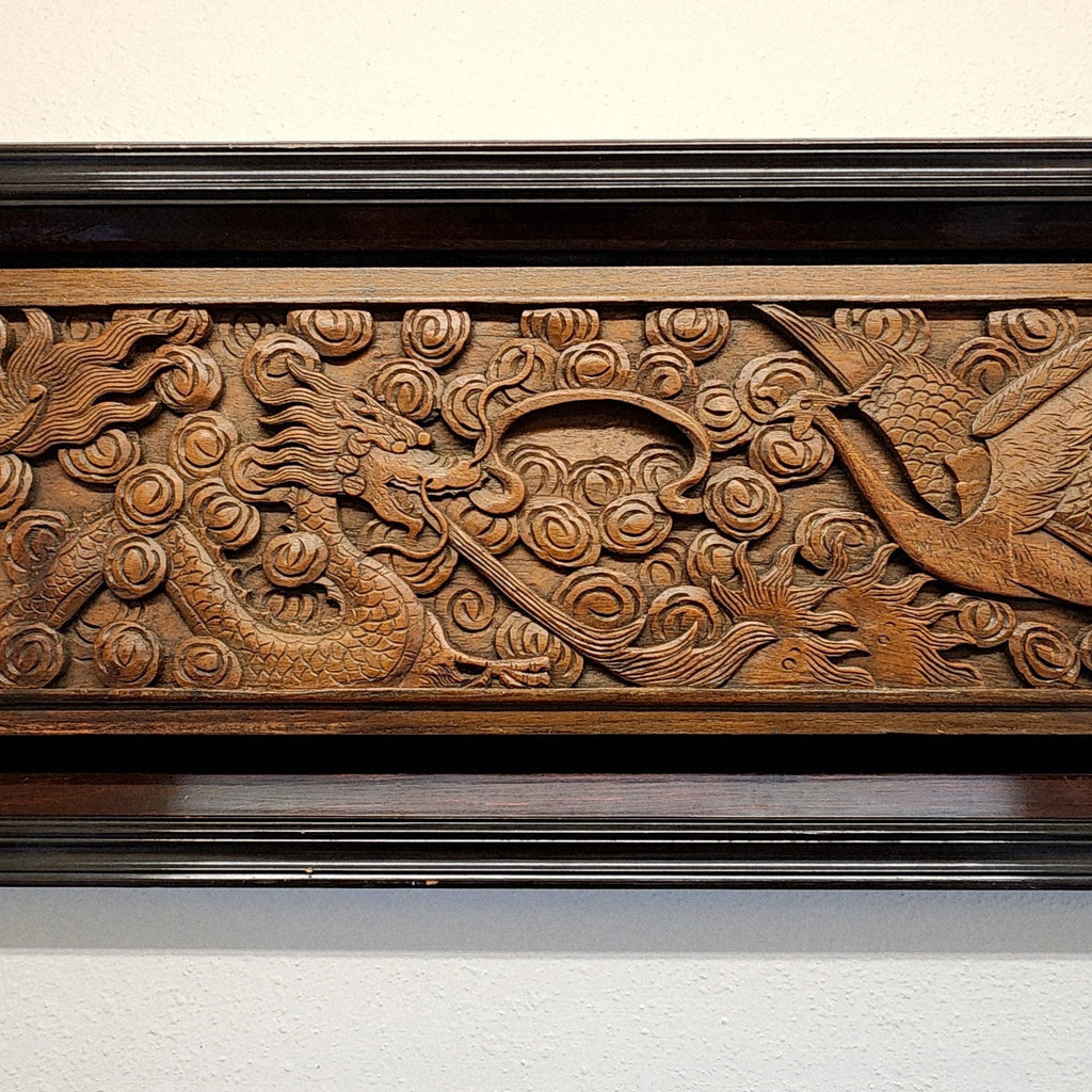 Qing Chinese Ruyi Dragon and Phoenix Prosperity Wood Carved Panel Framed Antique