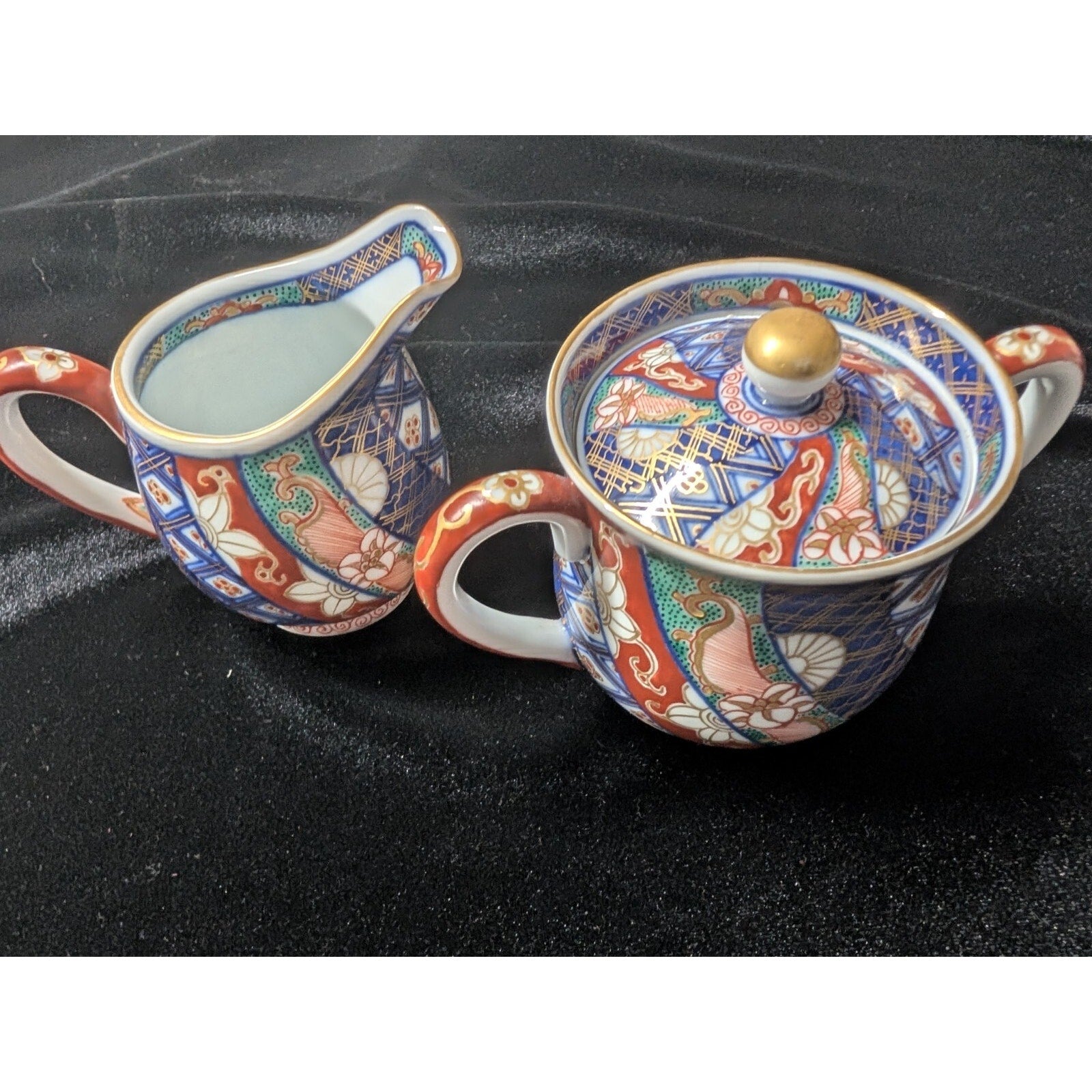 Japanese IMARI Coffee Creamer and Sugar Bowl Hand Painted Porcelain MCM Arita