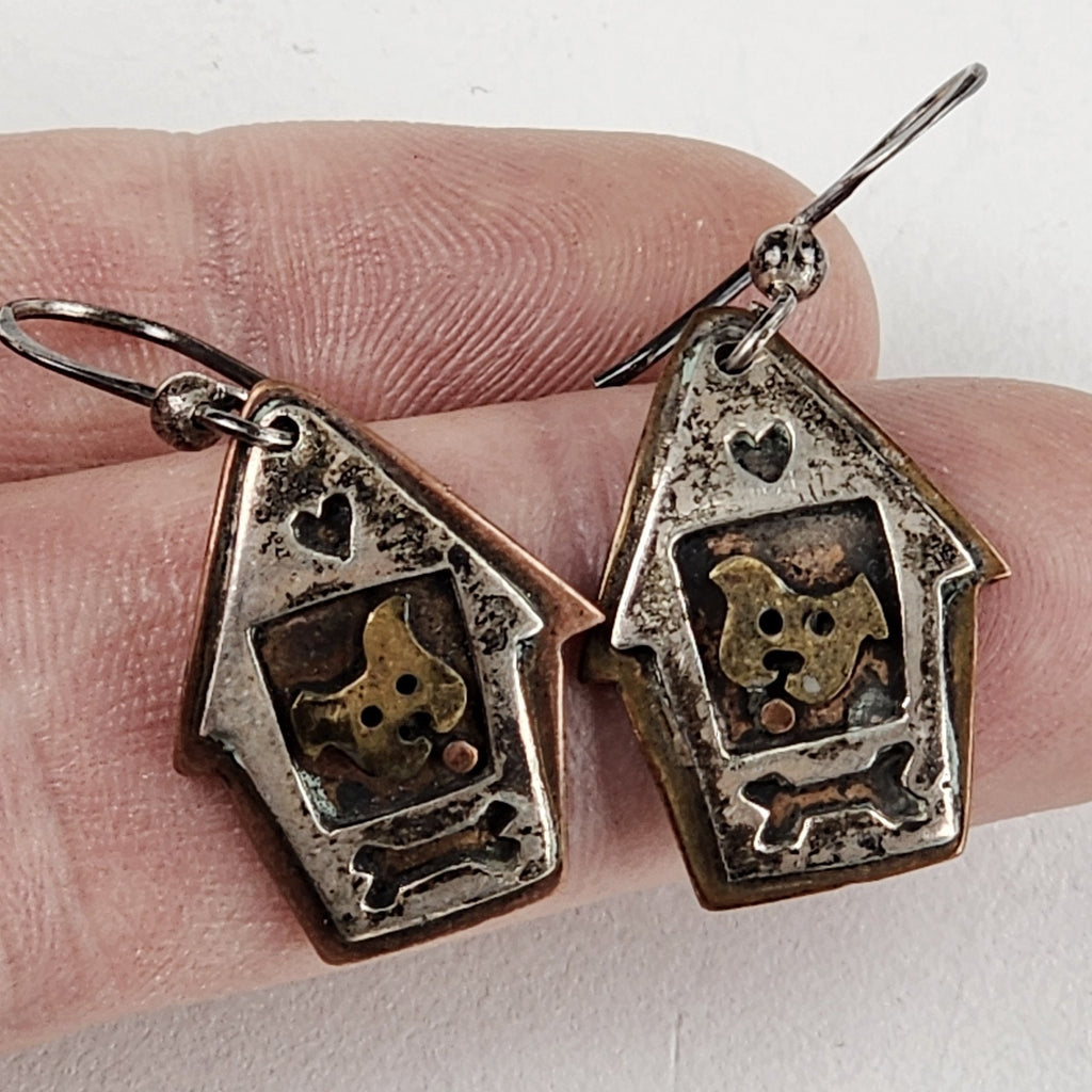 Far Fetched Studios Dog House & Bone Dangle Earrings Sterling Silver 925 Copper