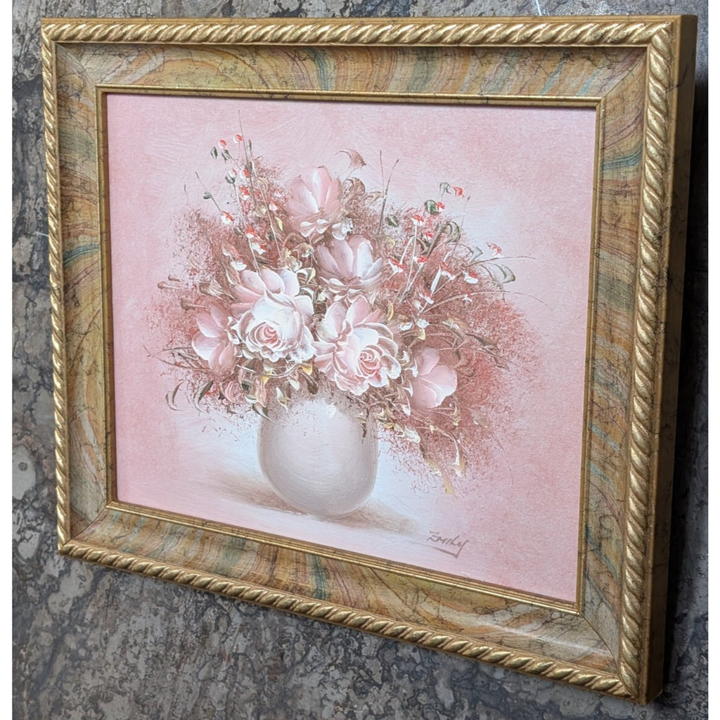 Pink Flowers Still Life Oil Painting Signed Emily Mid Century MCM