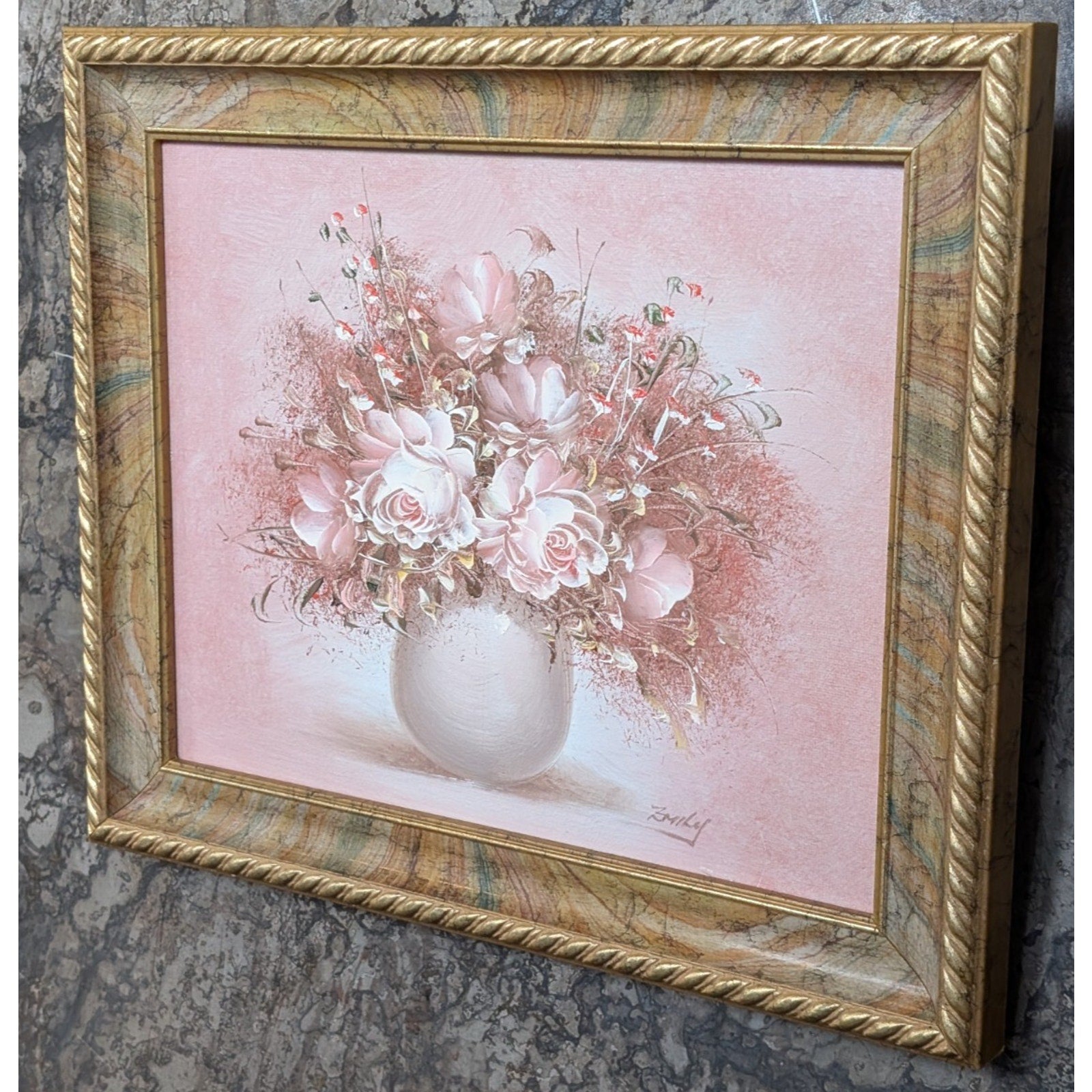 Pink Flowers Still Life Oil Painting Signed Emily Mid Century MCM