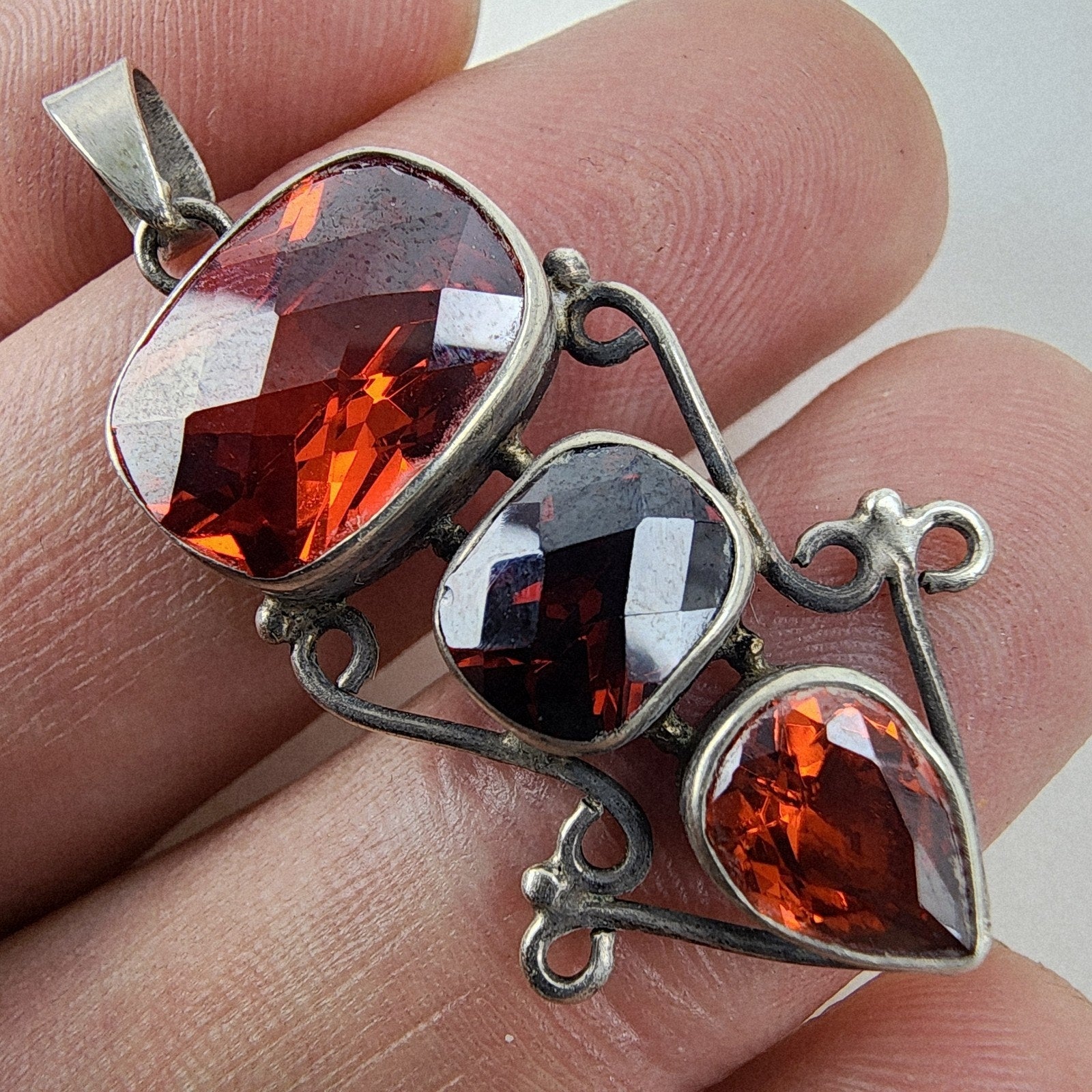 Red 3 Stone Sterling Silver 925 Cocktail Pendant Vintage