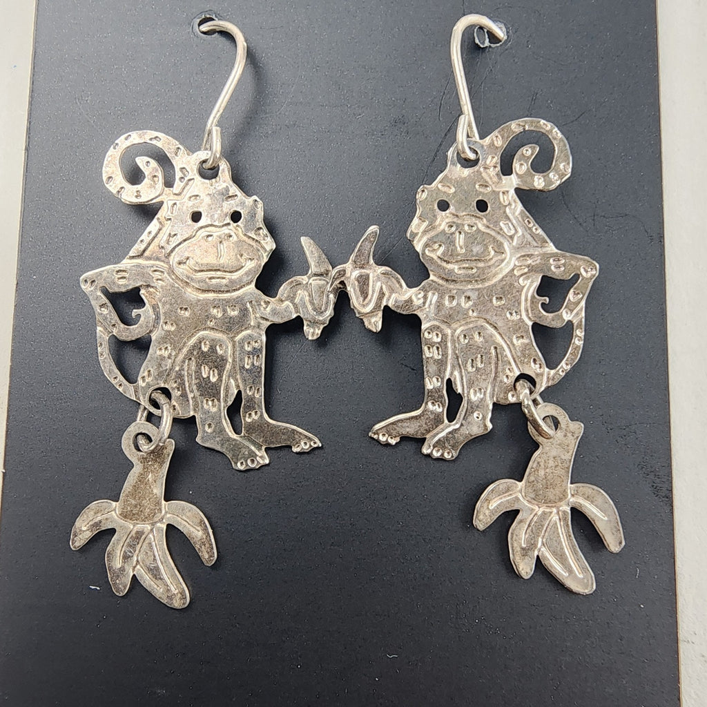 Designer Monkey with Banana Sterling Silver 925 Dangle Earrings