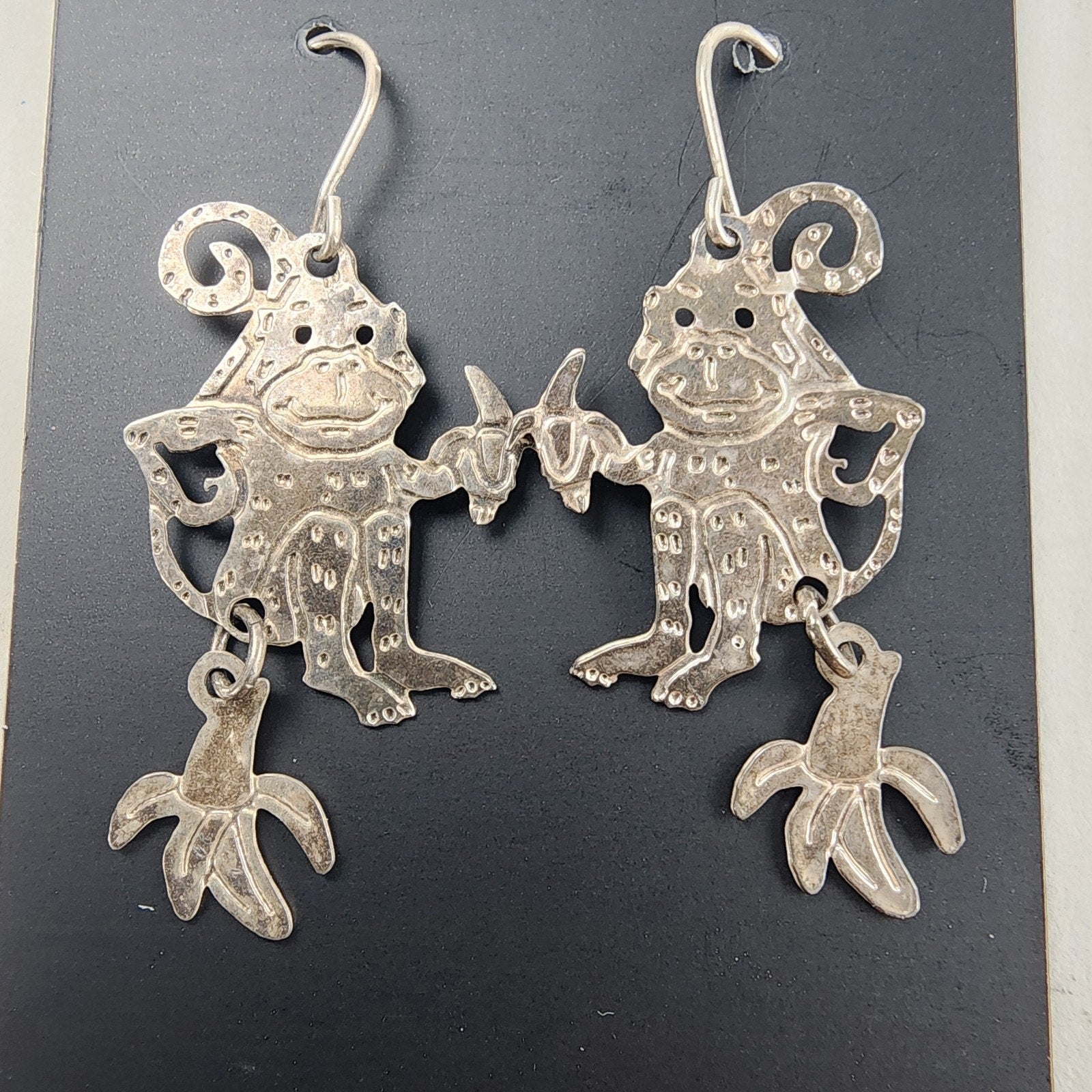 Designer Monkey with Banana Sterling Silver 925 Dangle Earrings