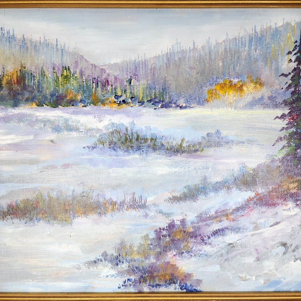 Impressionist Winter Landscape Scene Acrylic on Panel in Gilded Frame Unsigned