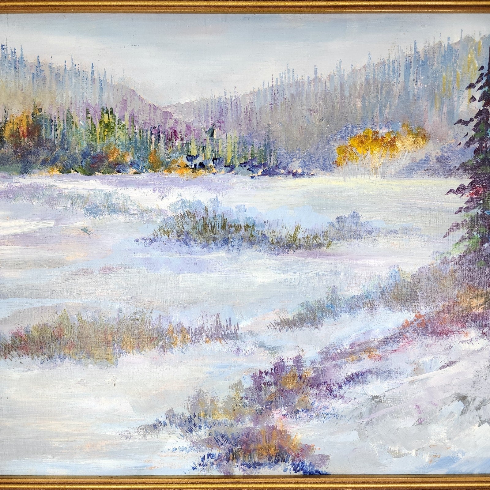 Impressionist Winter Landscape Scene Acrylic on Panel in Gilded Frame Unsigned