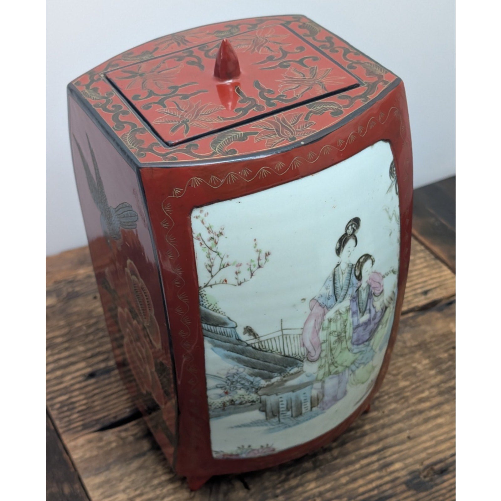 Chinese Porcelain Shard Red Lacquer Box Paper Mache