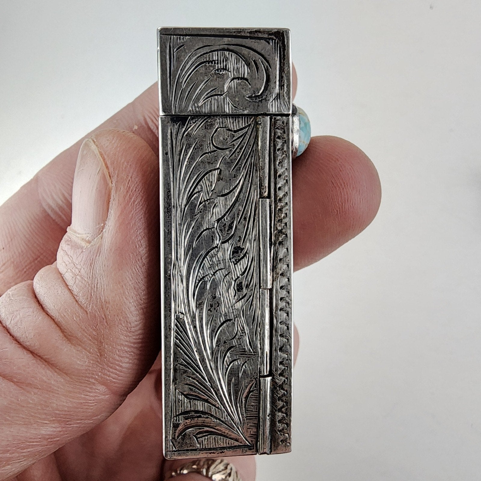 Etched Turquoise Accentt 800 Silver Lipstick Container with Mirror Italy Antique