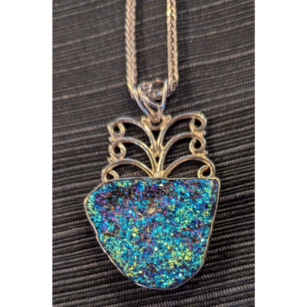 Peacock Druzy Pendant Sterling Silver 925 Rainbow Oil Slick Color