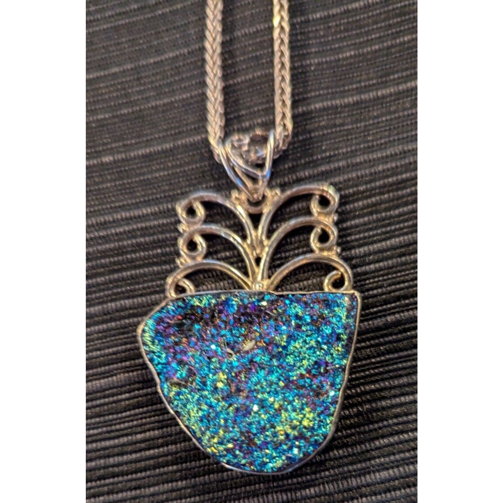 Peacock Druzy Pendant Sterling Silver 925 Rainbow Oil Slick Color