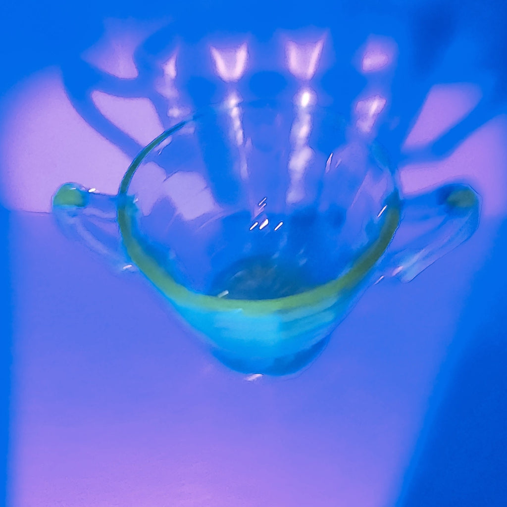 Anchor Hocking Block Optic Vaseline UV Glass Double Handled Cup Bowl Depression