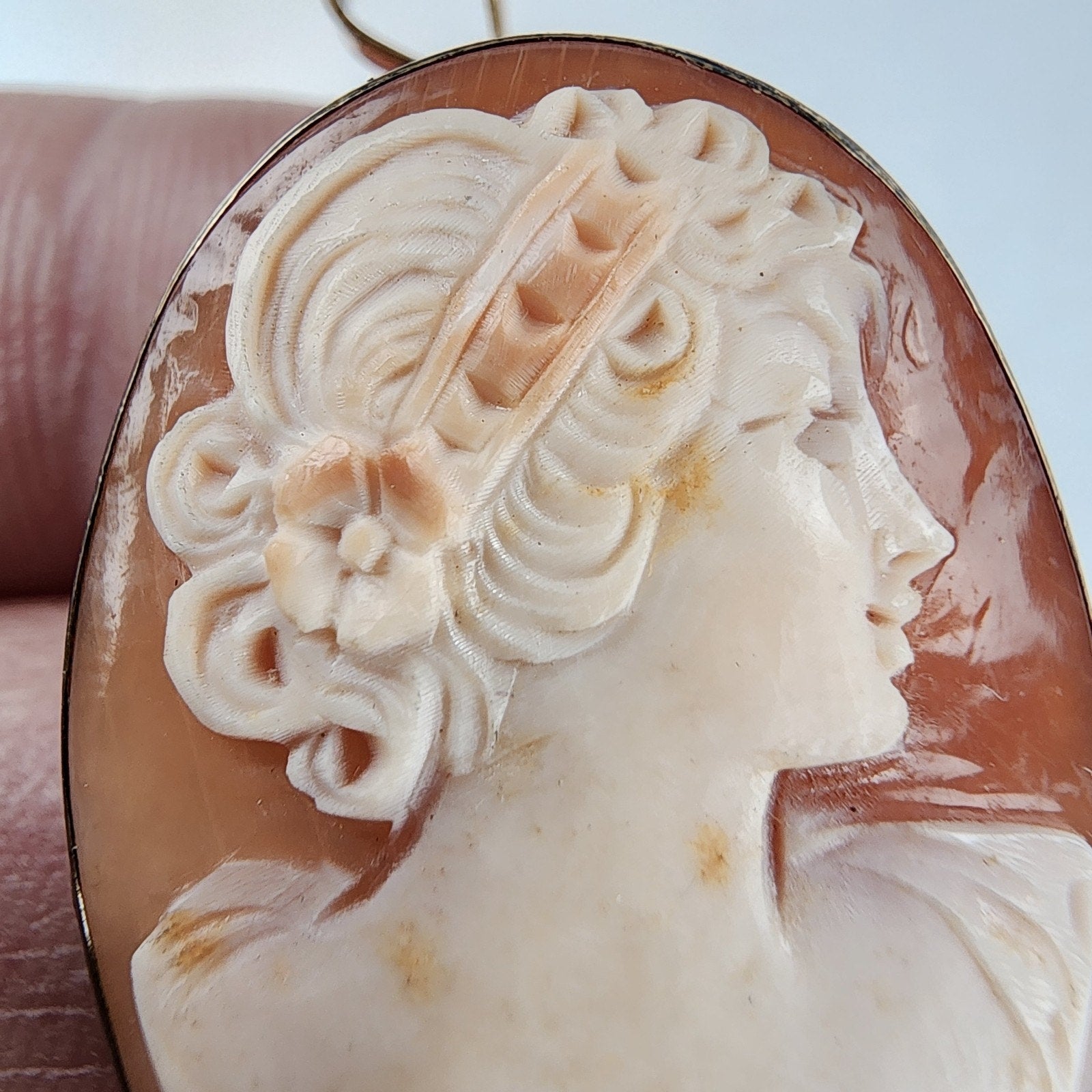 Carved Shell Cameo Pendant Brooch Sterling Silver 925 with Gold Finish