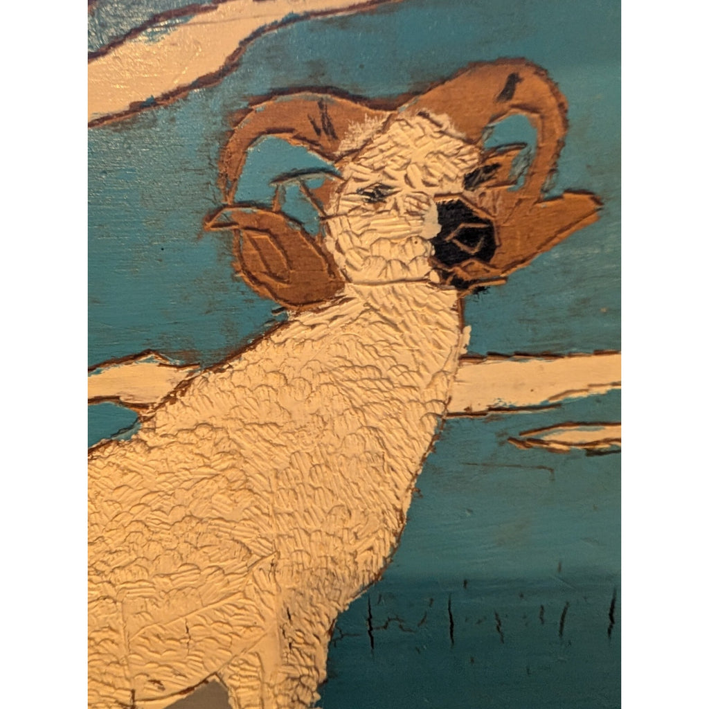 Framed MOUNTAON GOAT Wood Burning Painting Hand Carved