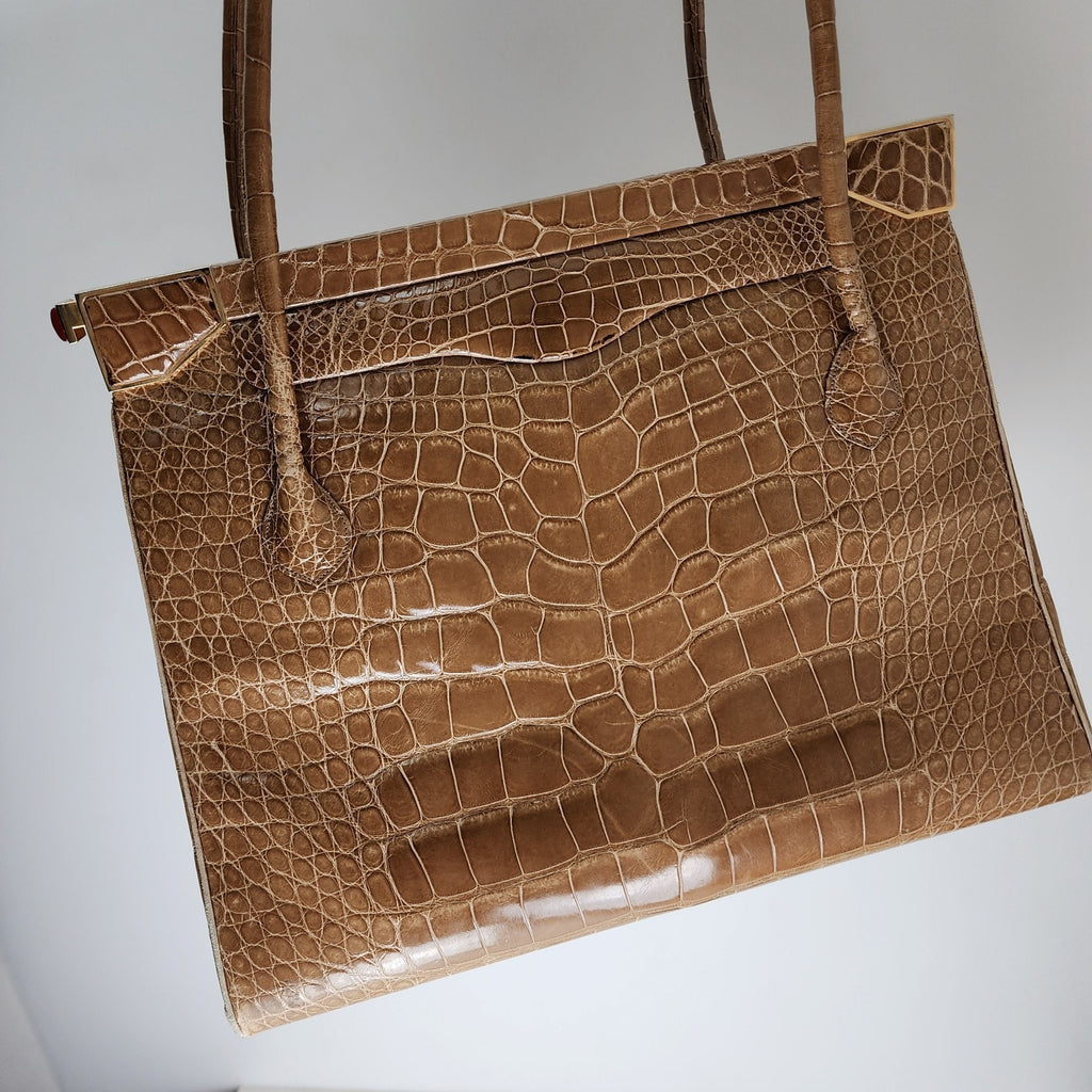 Vintage Judith Leiber Alligator Crocodile Purse Handbag Handled Day Bag Tan