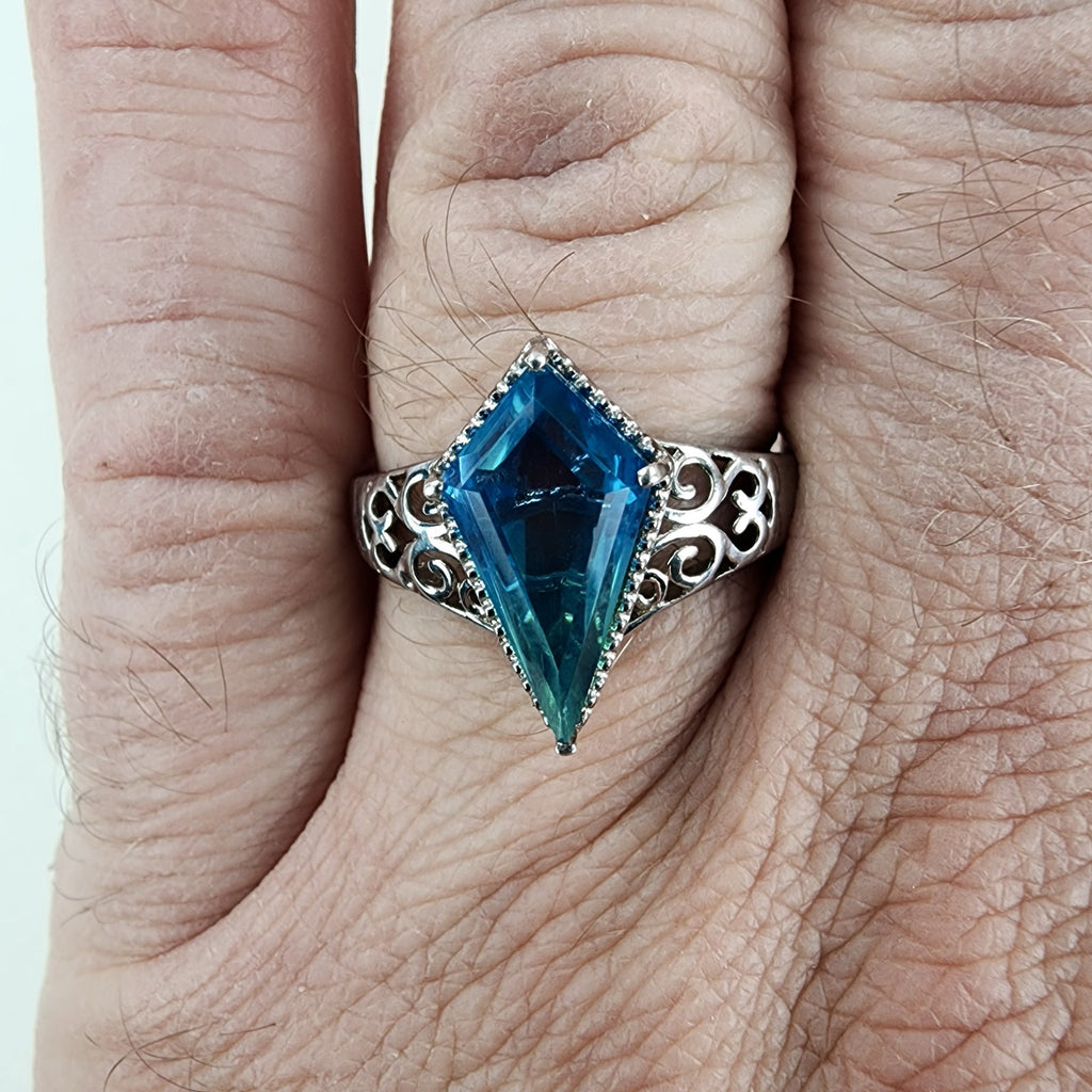 Blue Tourmaline Indicolite Ring Size 9 in Sterling Silver 925 Art Deco Revival