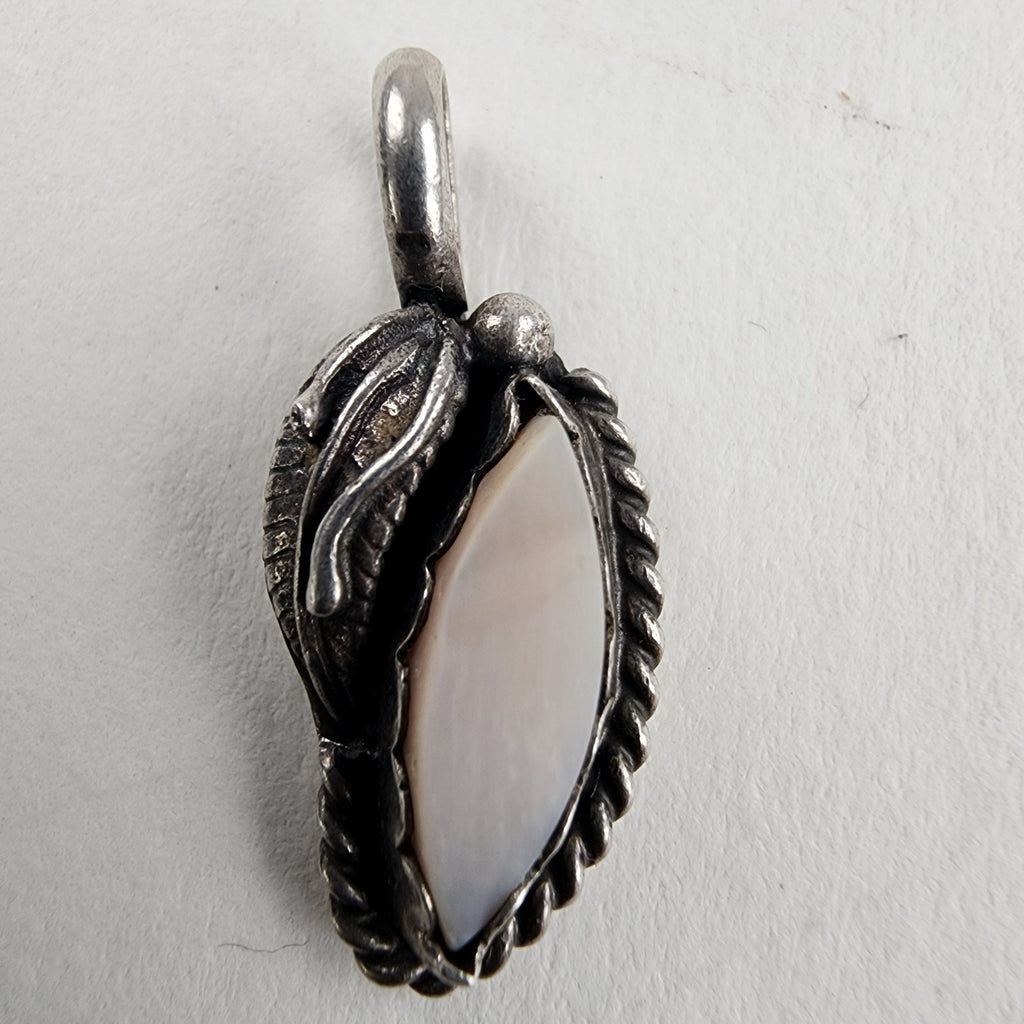 Native Mother of Pearl Leaf Pendant Charm Sterling Silver 925 Old Pawn