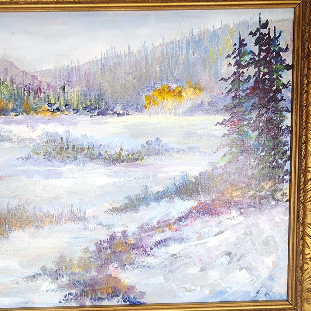 Impressionist Winter Landscape Scene Acrylic on Panel in Gilded Frame Unsigned