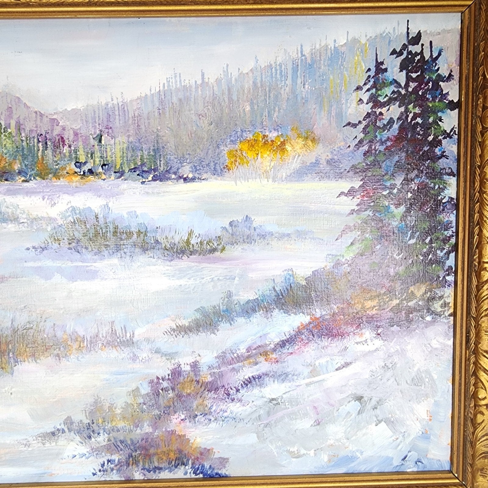 Impressionist Winter Landscape Scene Acrylic on Panel in Gilded Frame Unsigned
