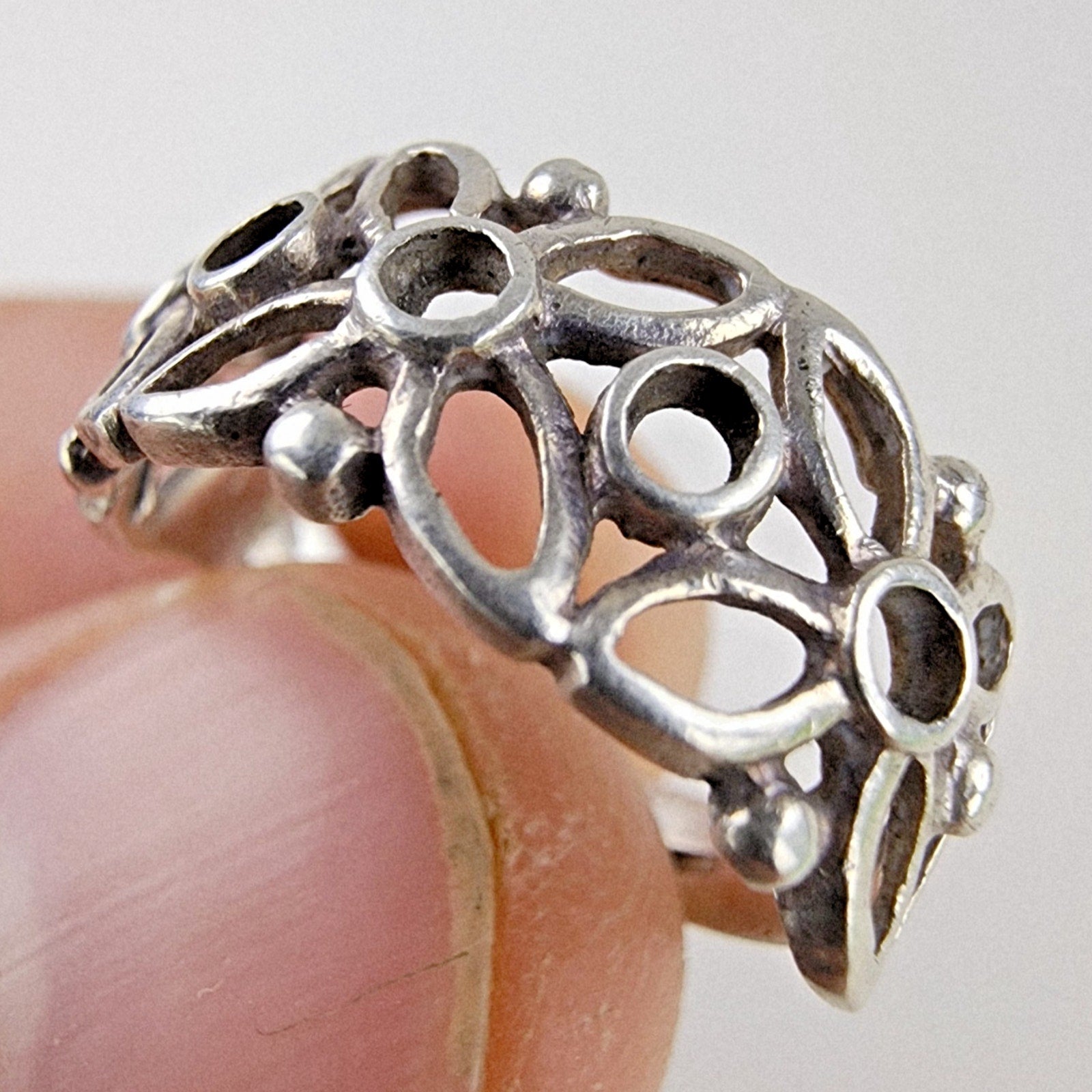Floral Filigree Openwork Ring Size 7 Sterling Silver 925 Vintage