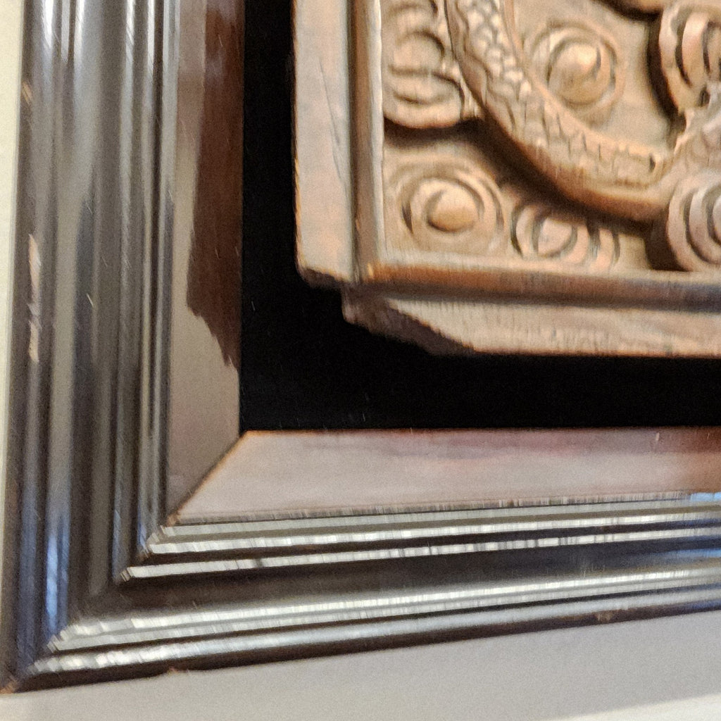 Qing Chinese Ruyi Dragon and Phoenix Prosperity Wood Carved Panel Framed Antique