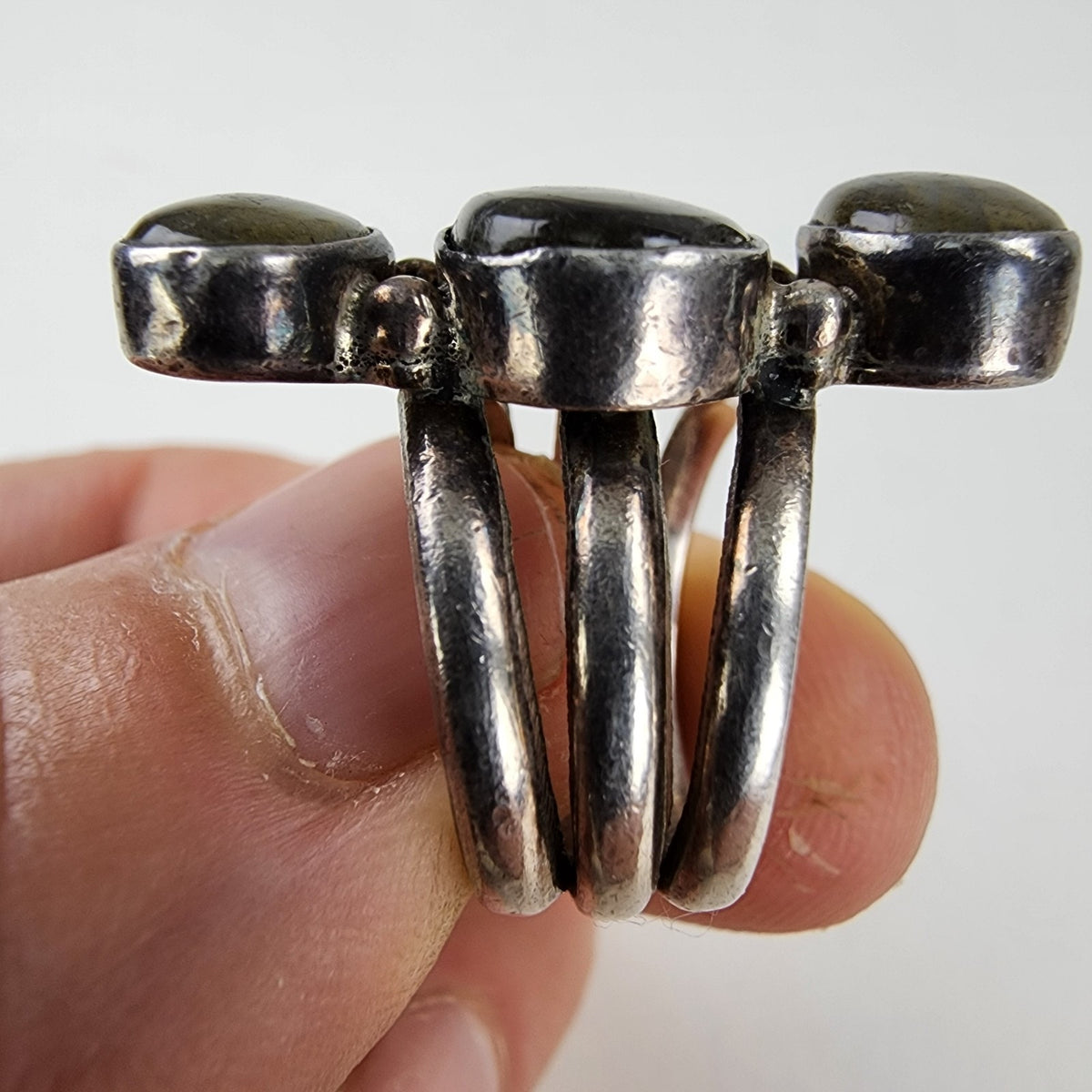 Three Stone Labradorite Ring Size 6 Sterling Silver 925 Vintage