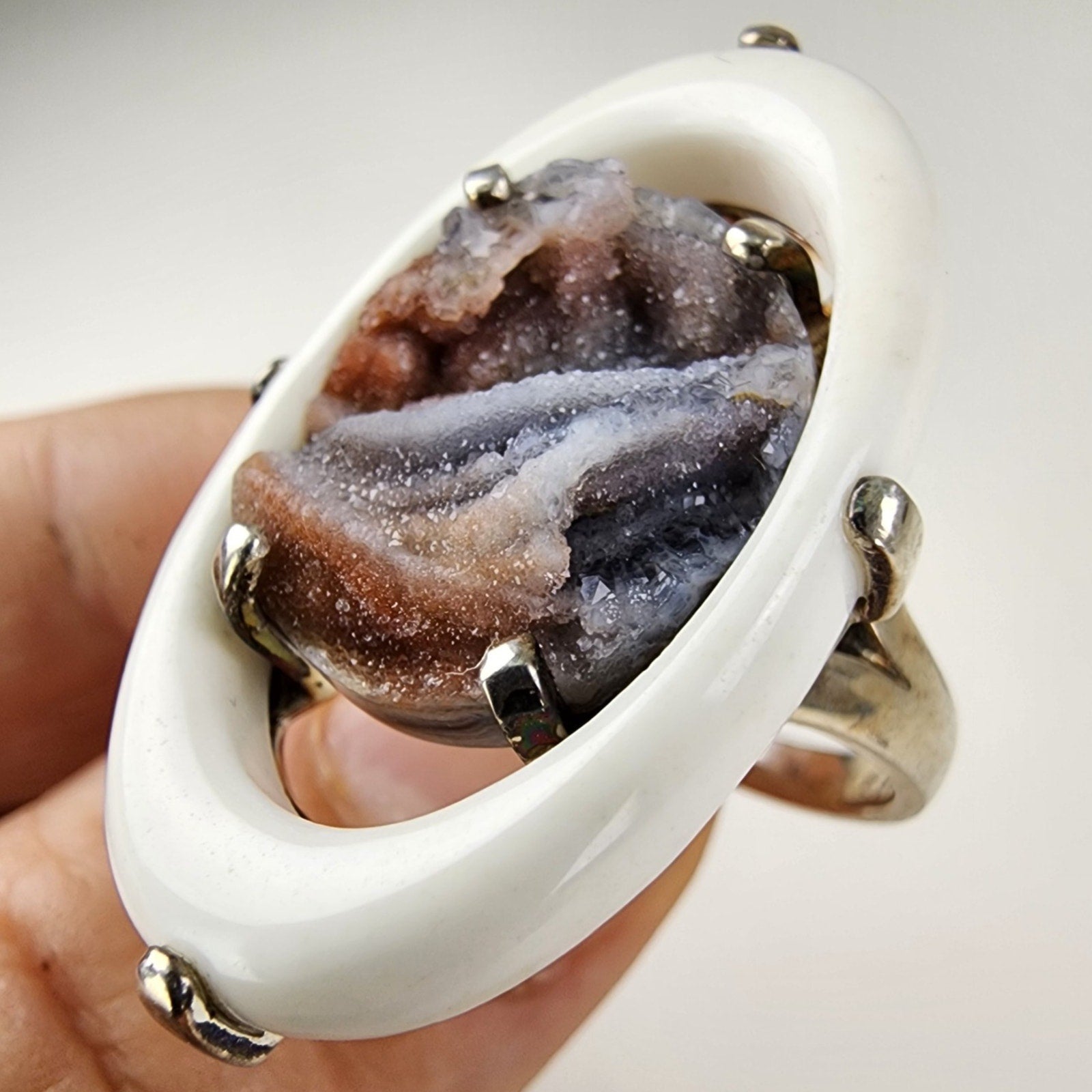 Modernist Jadeite Banded Halo Druzy Ring Size 11 1/2 Sterling Silver 925 Vintage