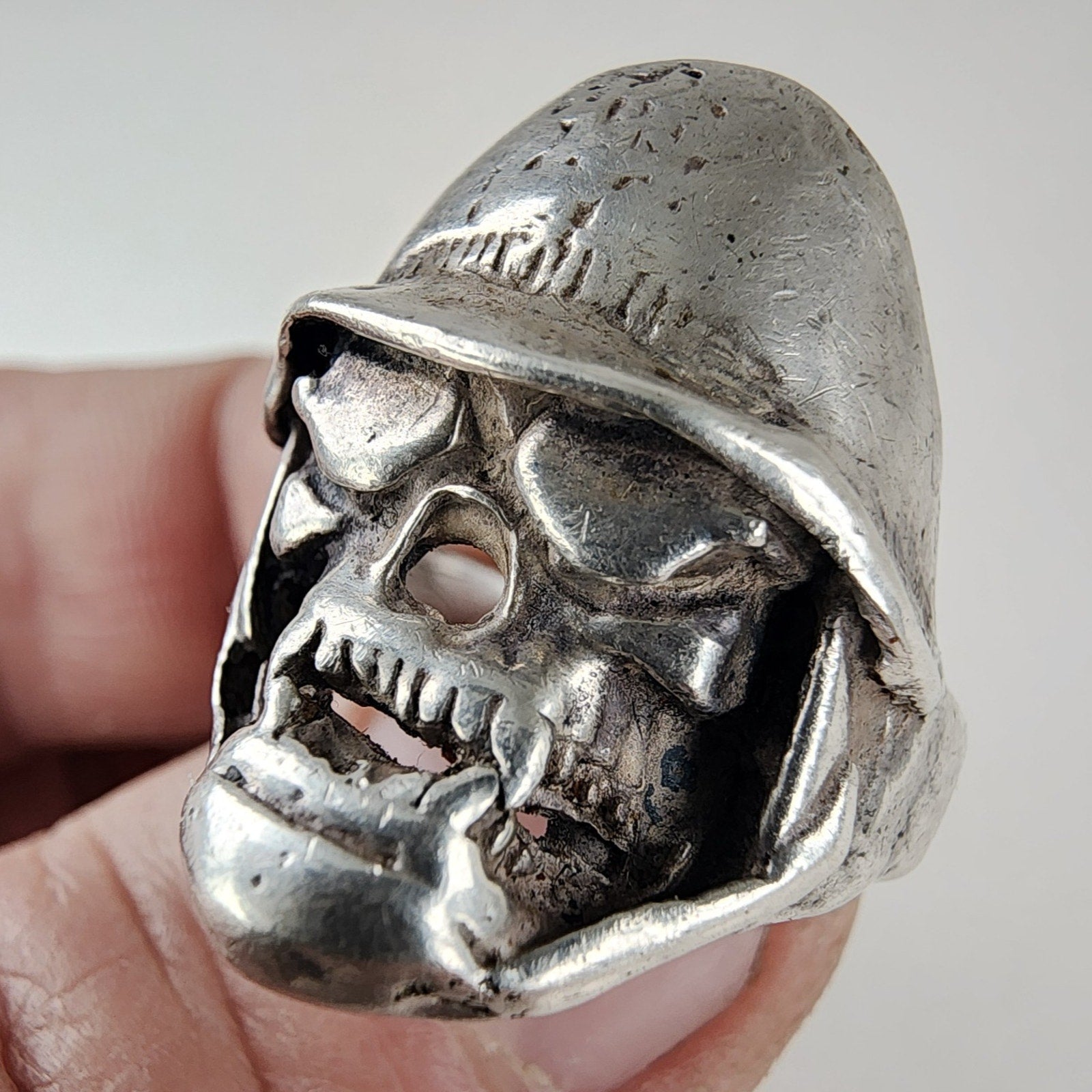 Skull Biker Ring Size 9 1/4 Sterling Silver 925 Vintage Police Helmet