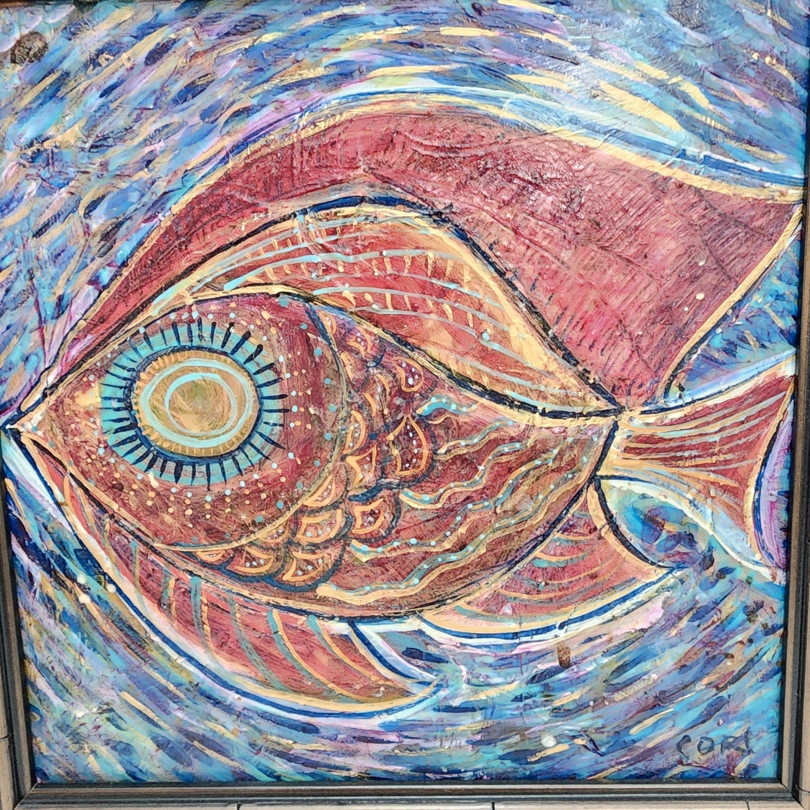 Abstract Fish Acrylic Painting on Panel Signed Cori & Framed