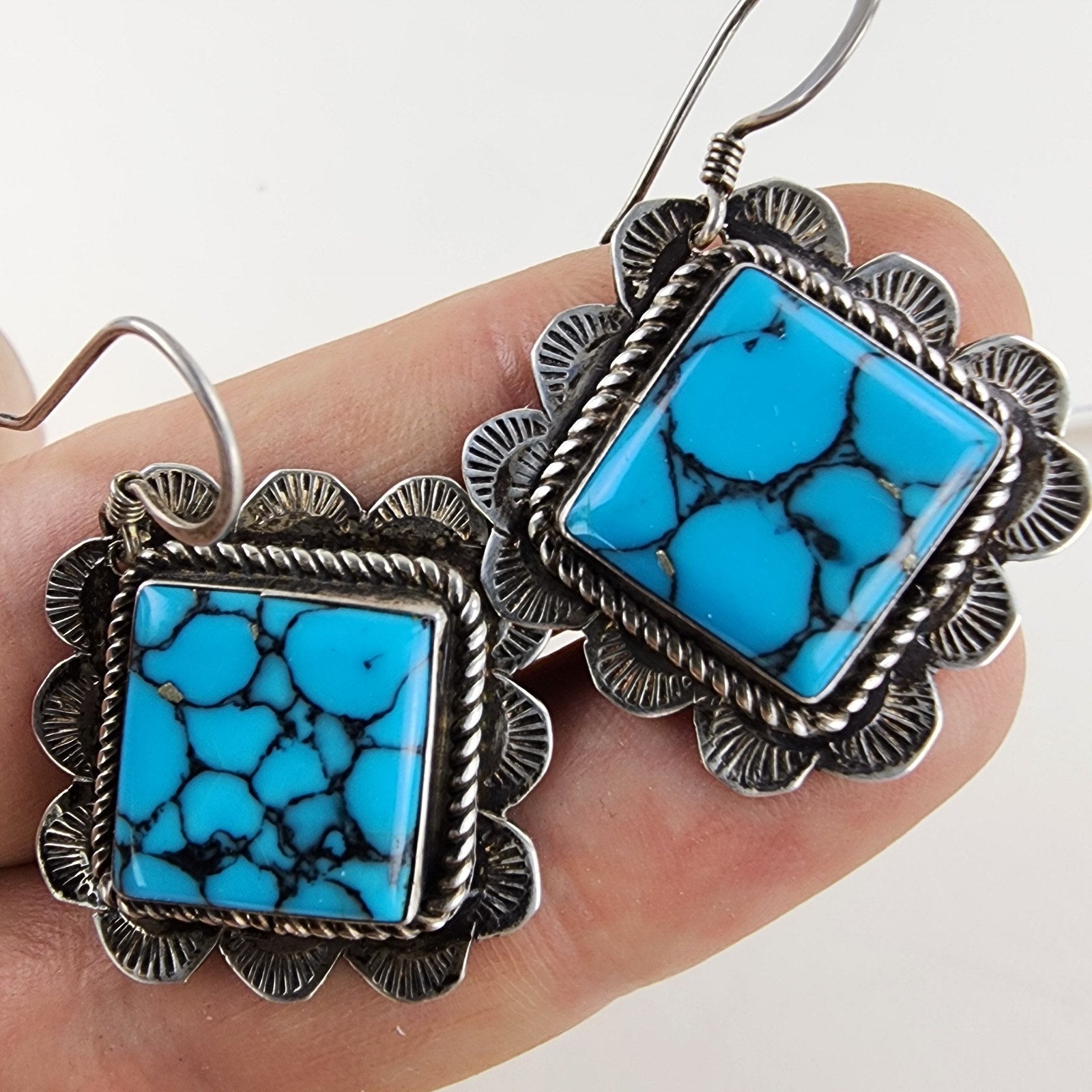 Spiderweb Turquoise Stamped Native Earrings Sterling Silver 925 Vintage