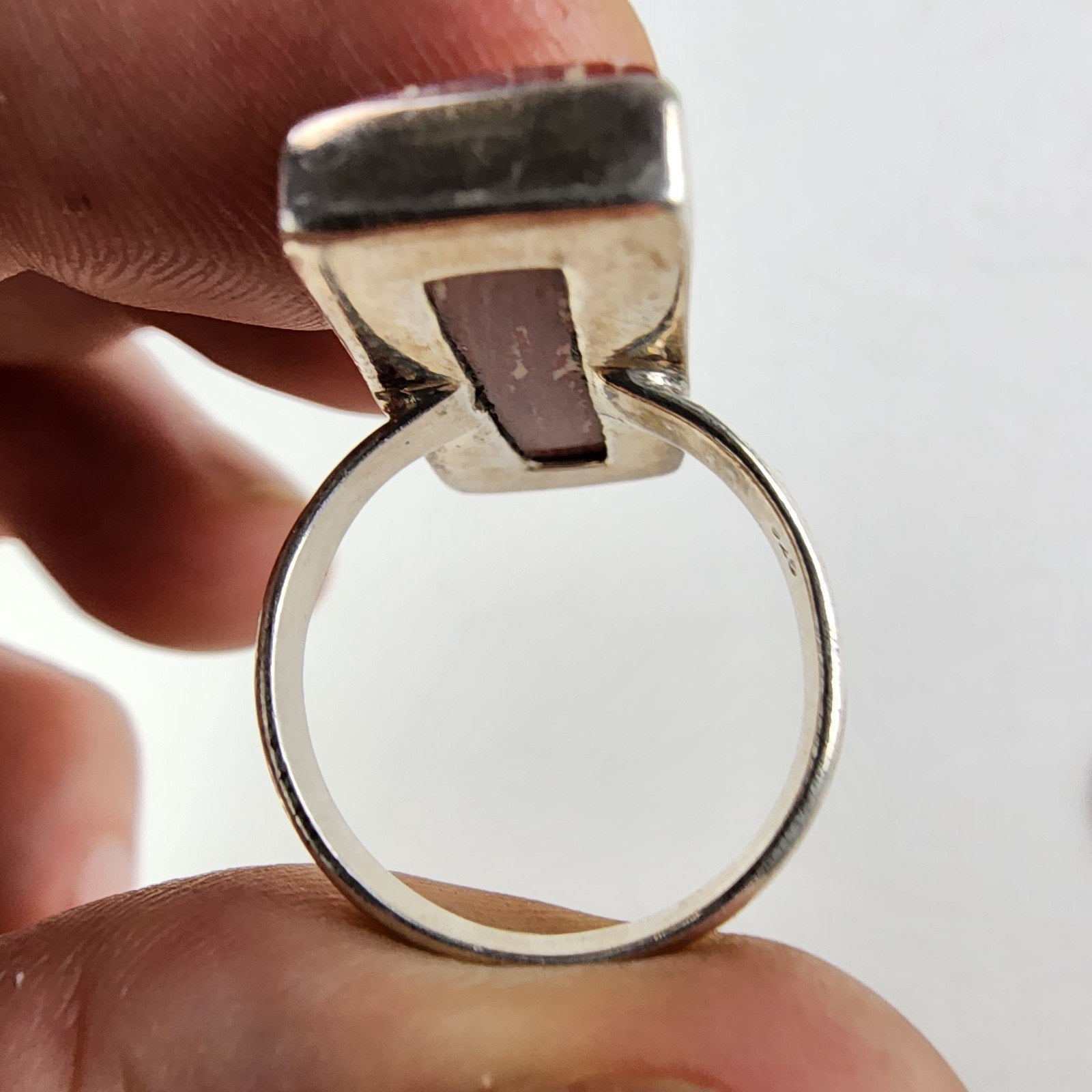Petrified Wood Rectangle Ring Size 9 1/2 Sterling Silver 925 Vintage