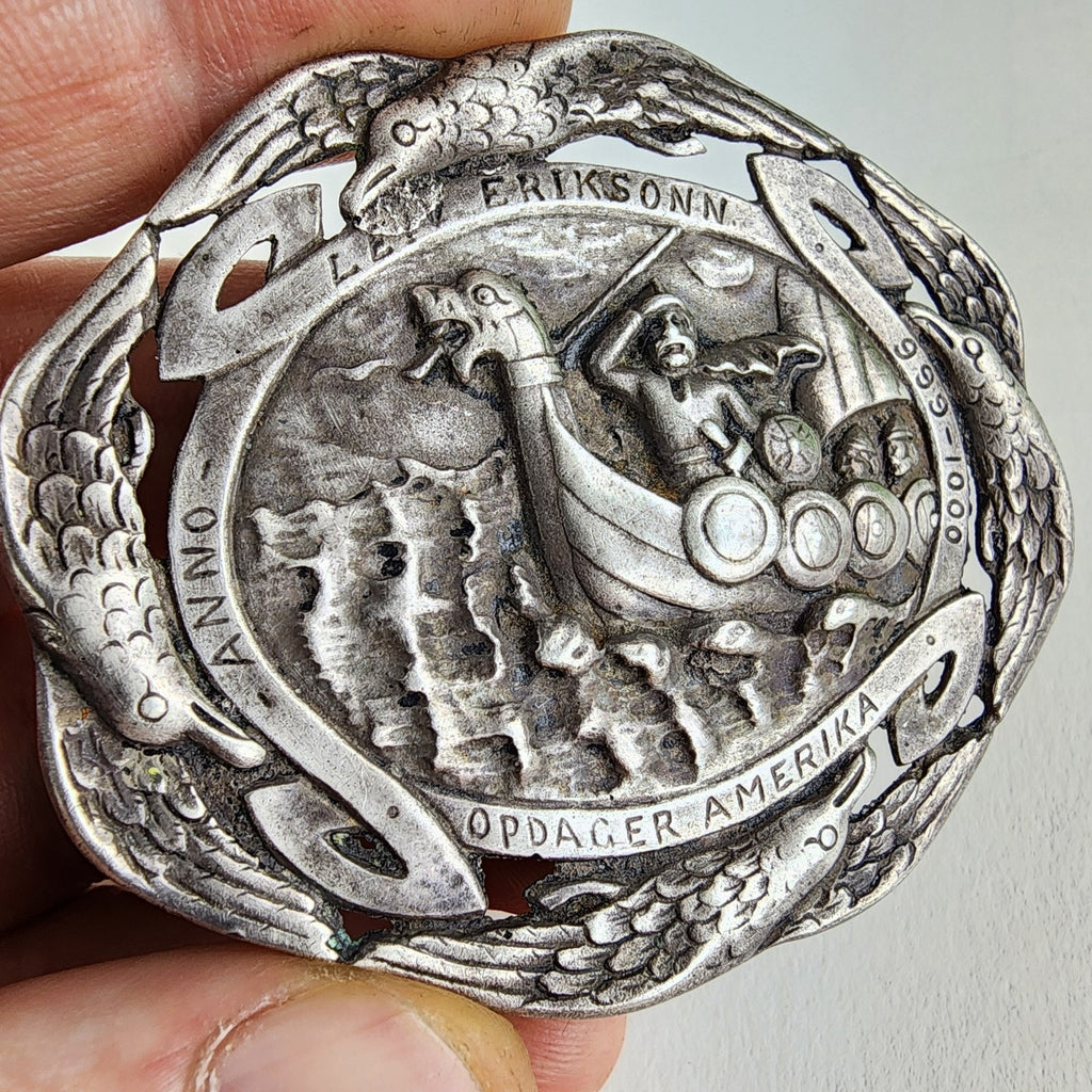 Antique Leif Erikson 830 Silver Brooch Soren Nielsen Norsk Monster Eriksonn