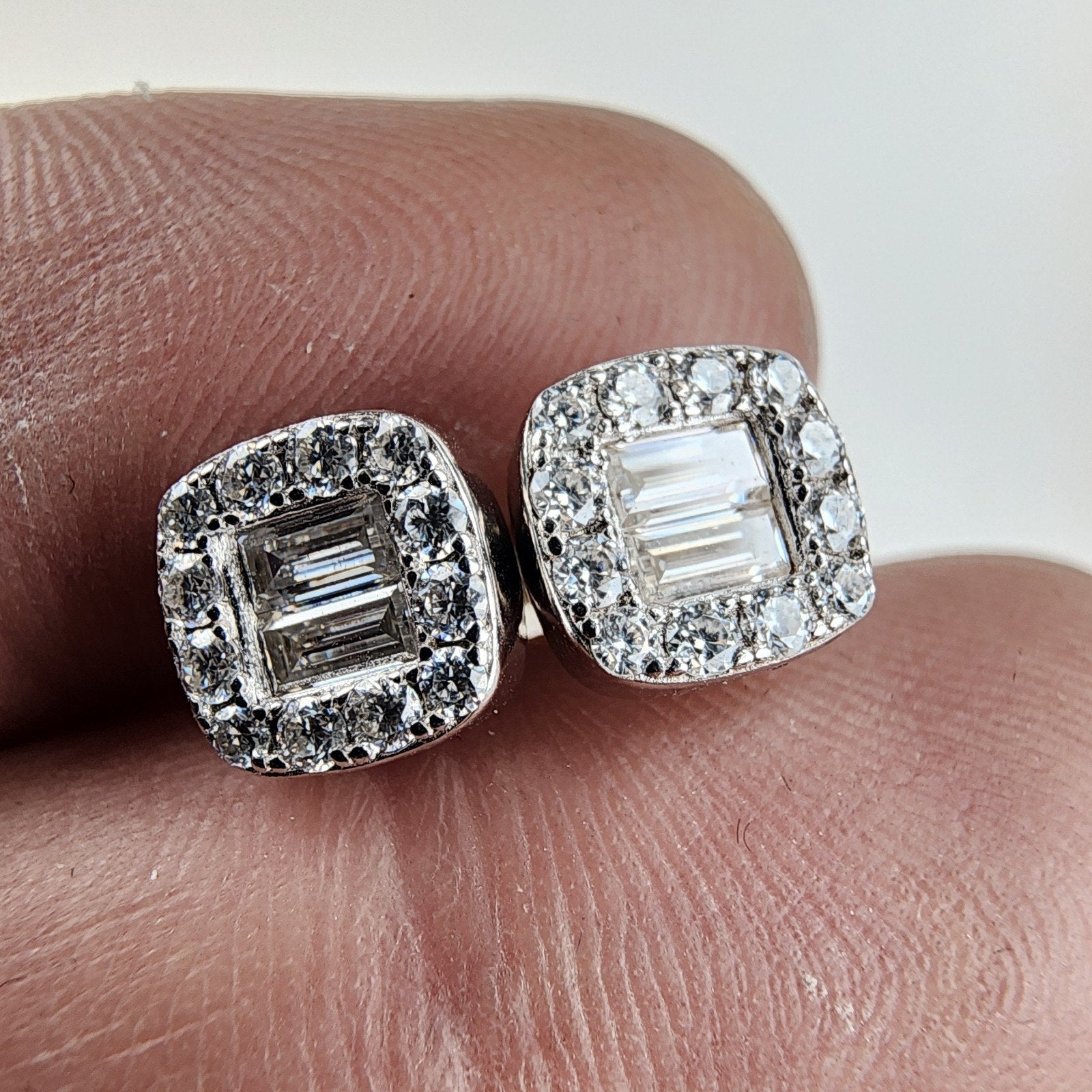 Moissanite Halo Sterling Silver 925 Stud Screwback Earrings Baguette & Round Cut