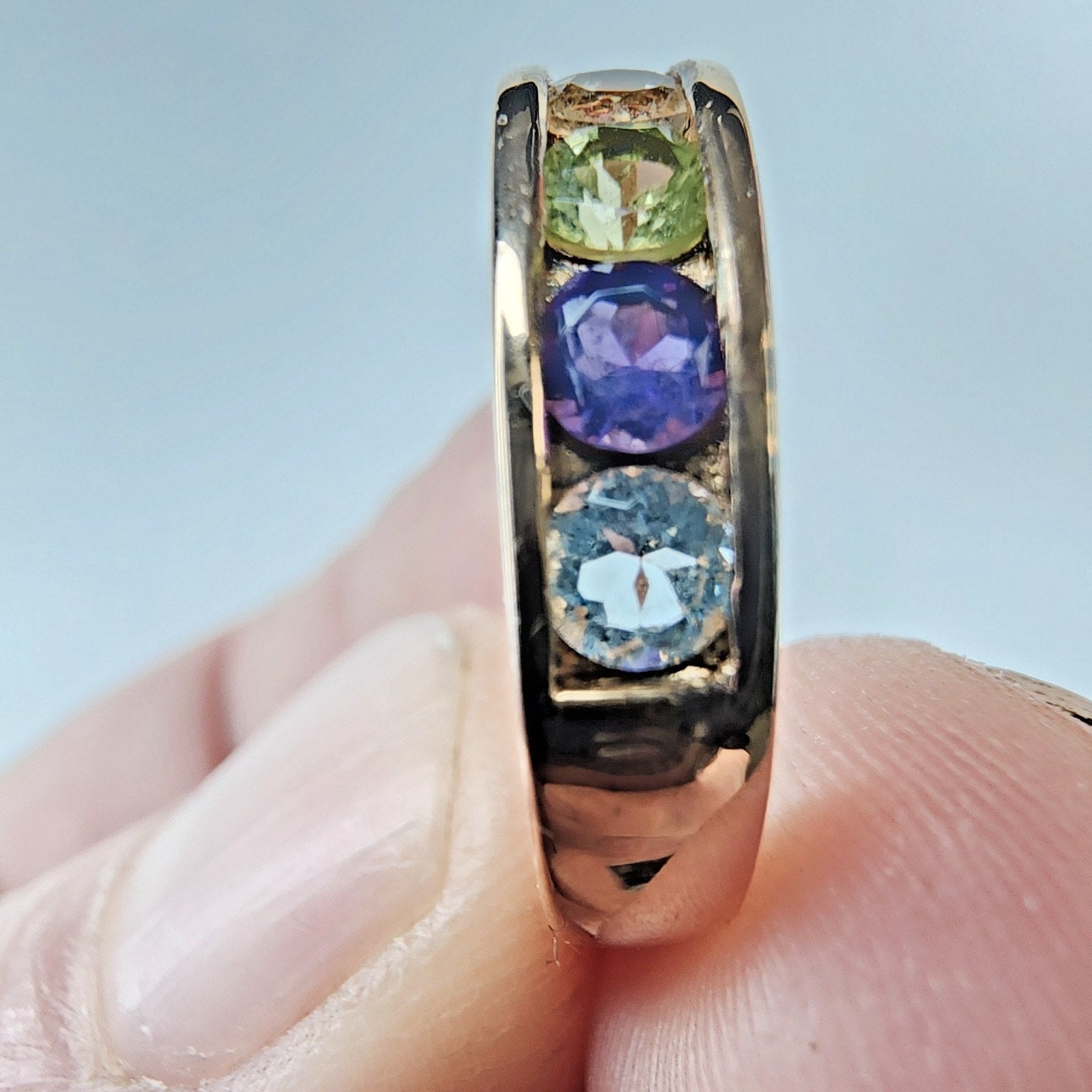 Channel Set Rainbow Gemstone Gold Finish Band Ring Size 7 Sterling Silver 925