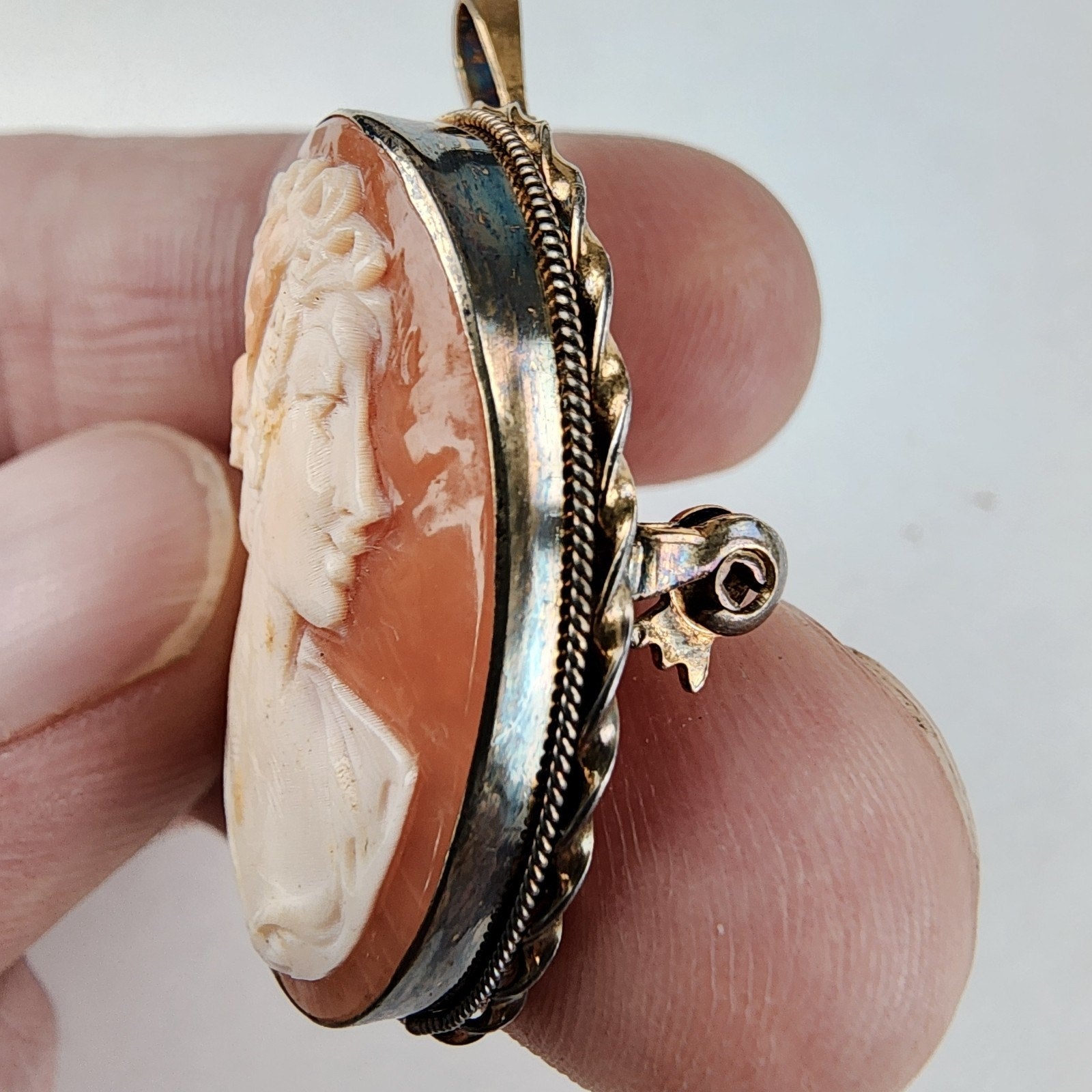 Carved Shell Cameo Pendant Brooch Sterling Silver 925 with Gold Finish