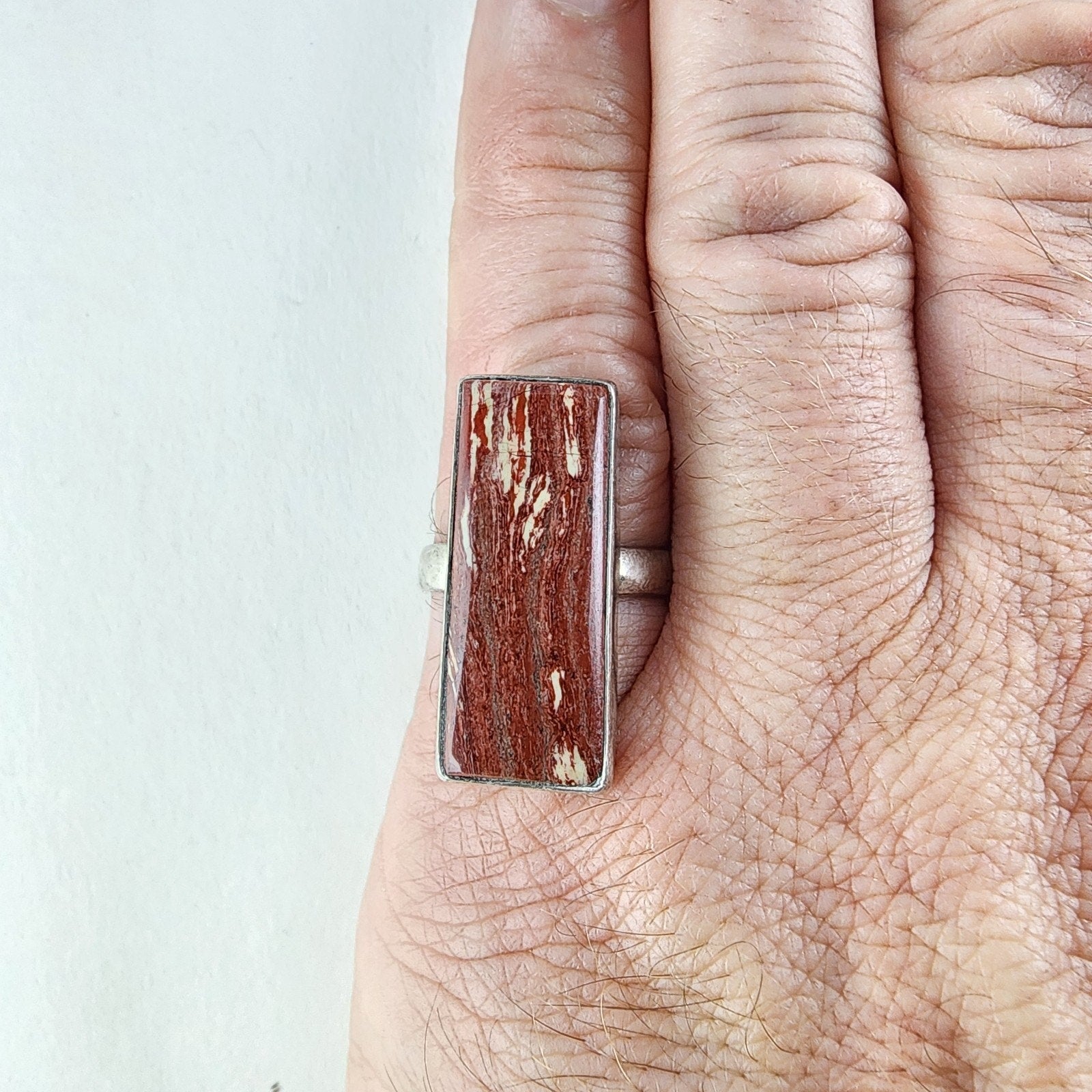 Petrified Wood Rectangle Ring Size 9 1/2 Sterling Silver 925 Vintage