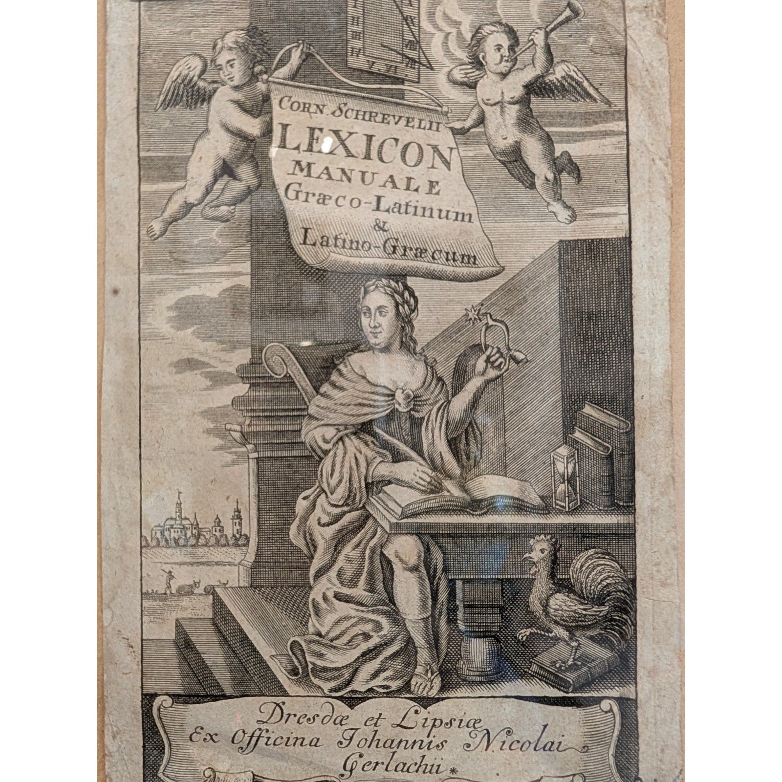 1670 Cornelius Schrevelius Lexicon Manuale Title Page Signed and Framed