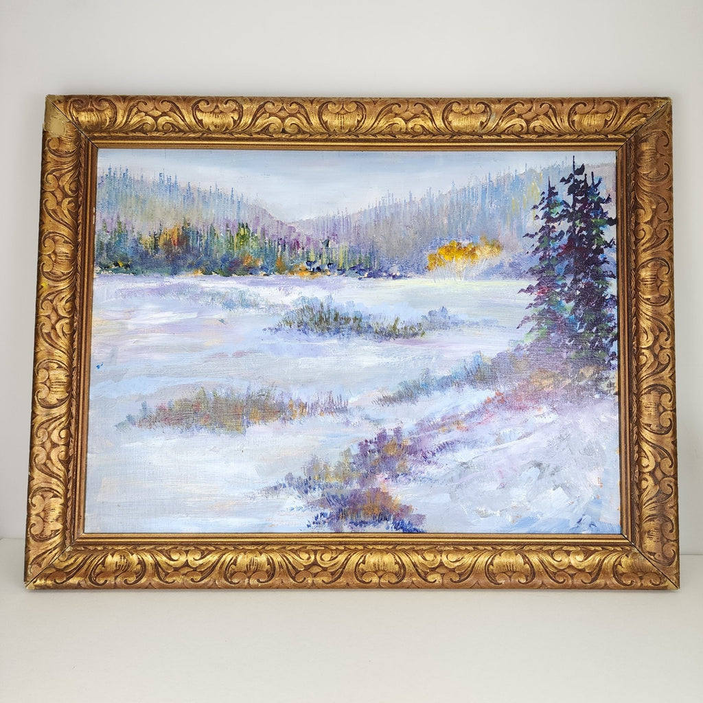 Impressionist Winter Landscape Scene Acrylic on Panel in Gilded Frame Unsigned