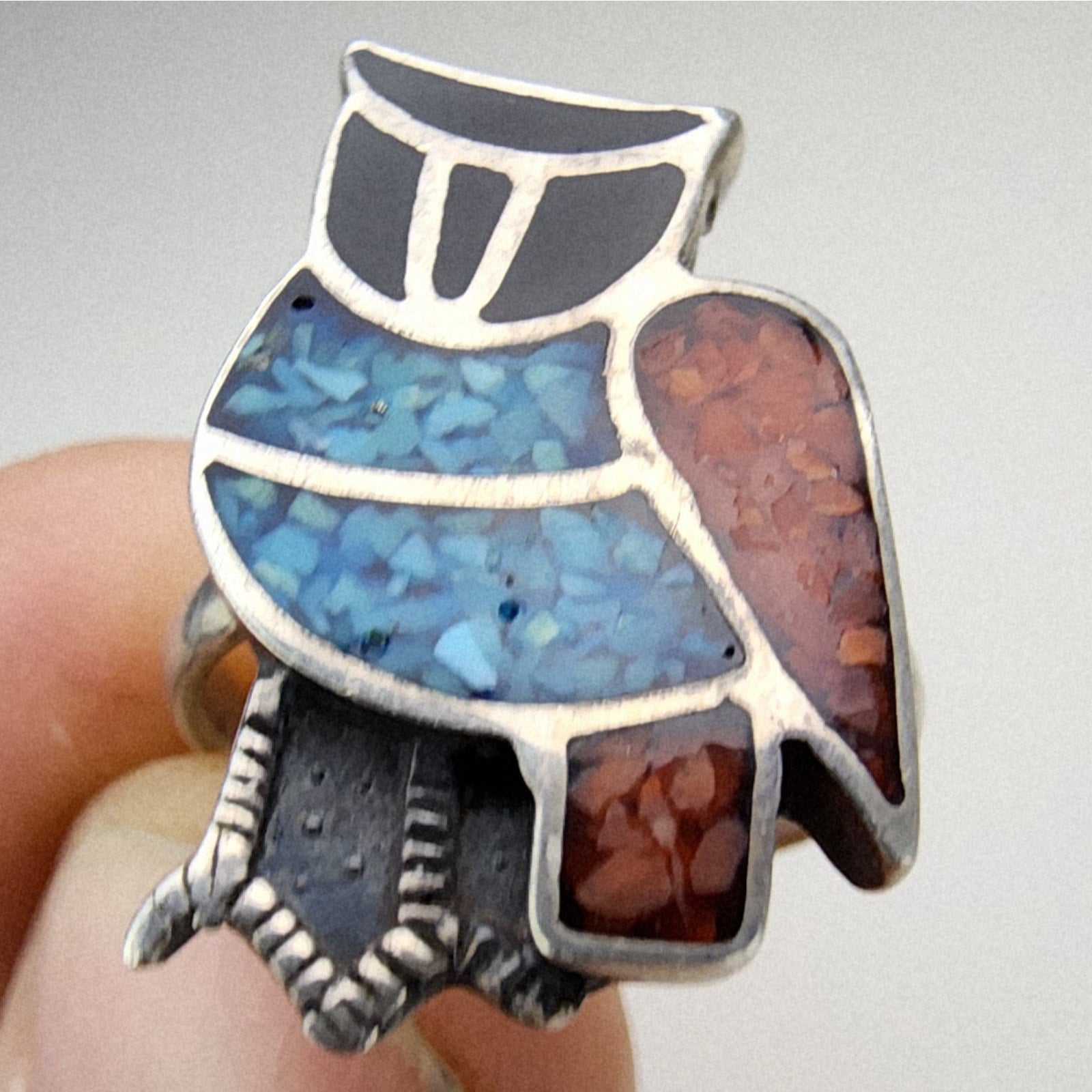 Zuni Owl Turquoise & Coral Inlay Ring Size 7 Sterling Silver 925 Vintage
