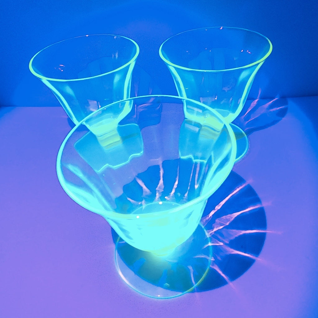UV Uranium Glow Depression Glass Footed Desert Cups 4 Oz Set of Three