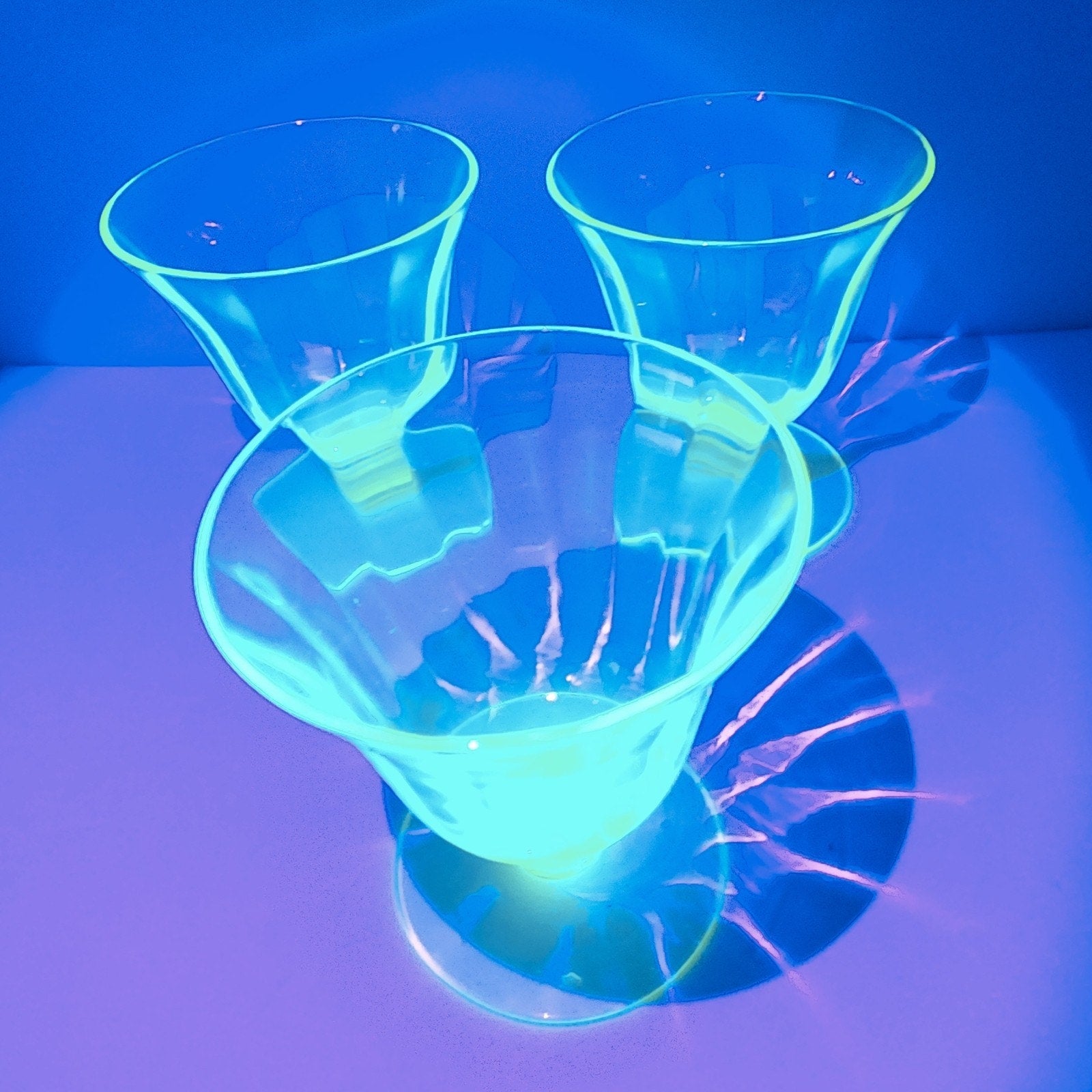 UV Uranium Glow Depression Glass Footed Desert Cups 4 Oz Set of Three