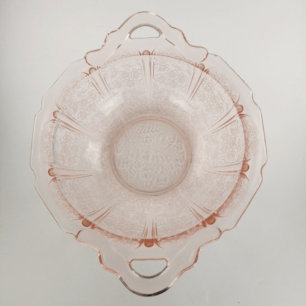 Jeanette Pink Depression Glass Handled Bowl Cherry Blossom Floral Pattern 1930s