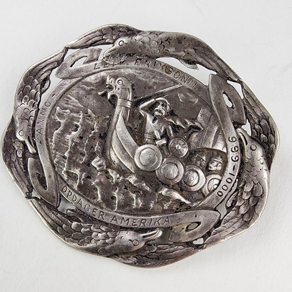 Antique Leif Erikson 830 Silver Brooch Soren Nielsen Norsk Monster Eriksonn